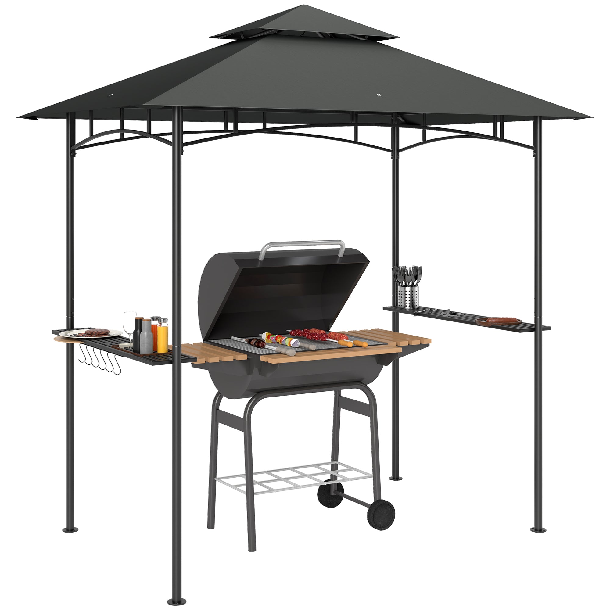 Outsunny BBQ-Paviljong med LED 240 x 150 x 258 cm vattentålig och brandbeständig paviljong med dubbelskikts tak, sidobord, trädgårdspaviljong med UV-skydd, BBQ-paviljong för fest i mörkgrå