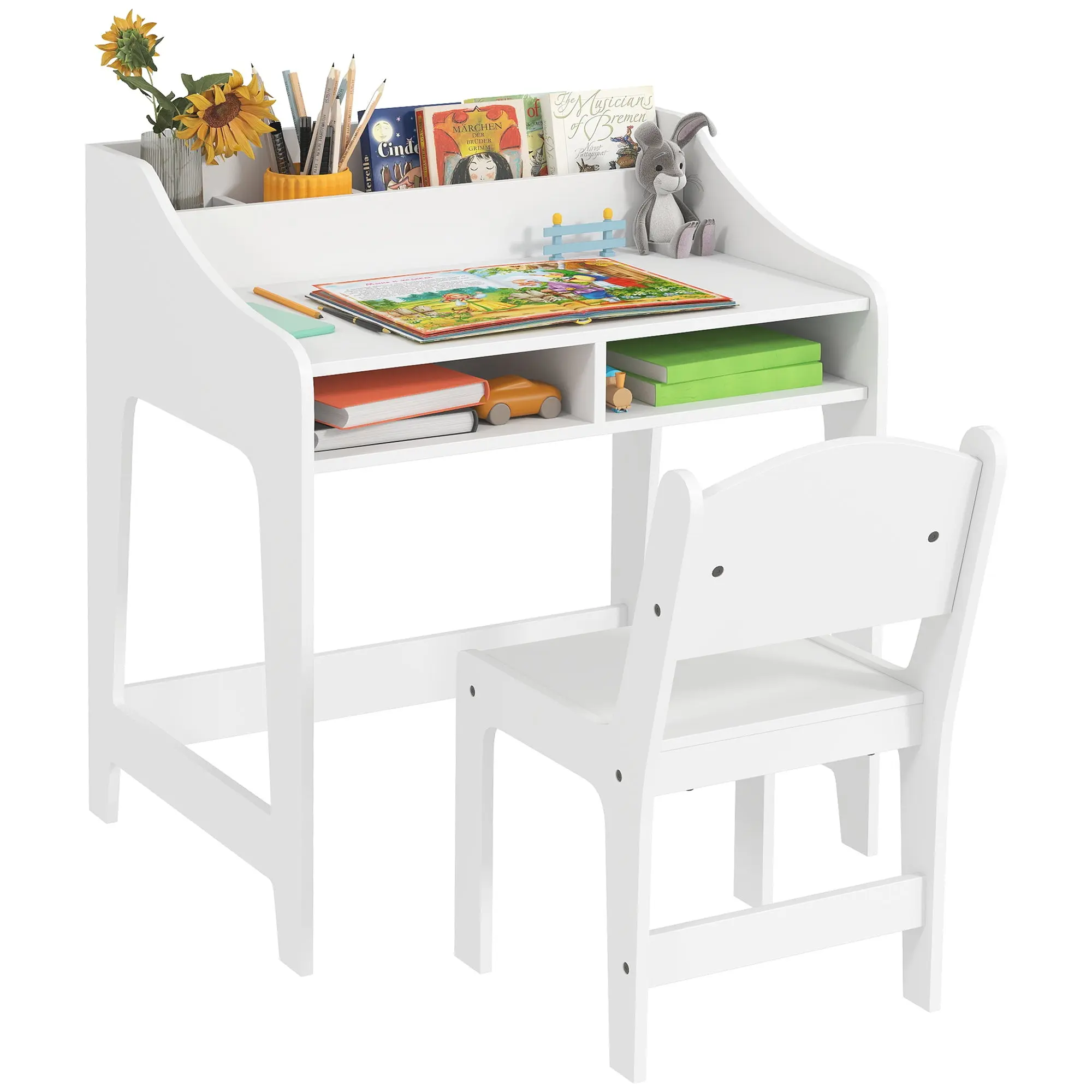 Kids Desk & Chair Set for Ages 3–8, White — Desk with Storage Compartments & Ergonomic Chair for Bedroom, Playroom, Nursery