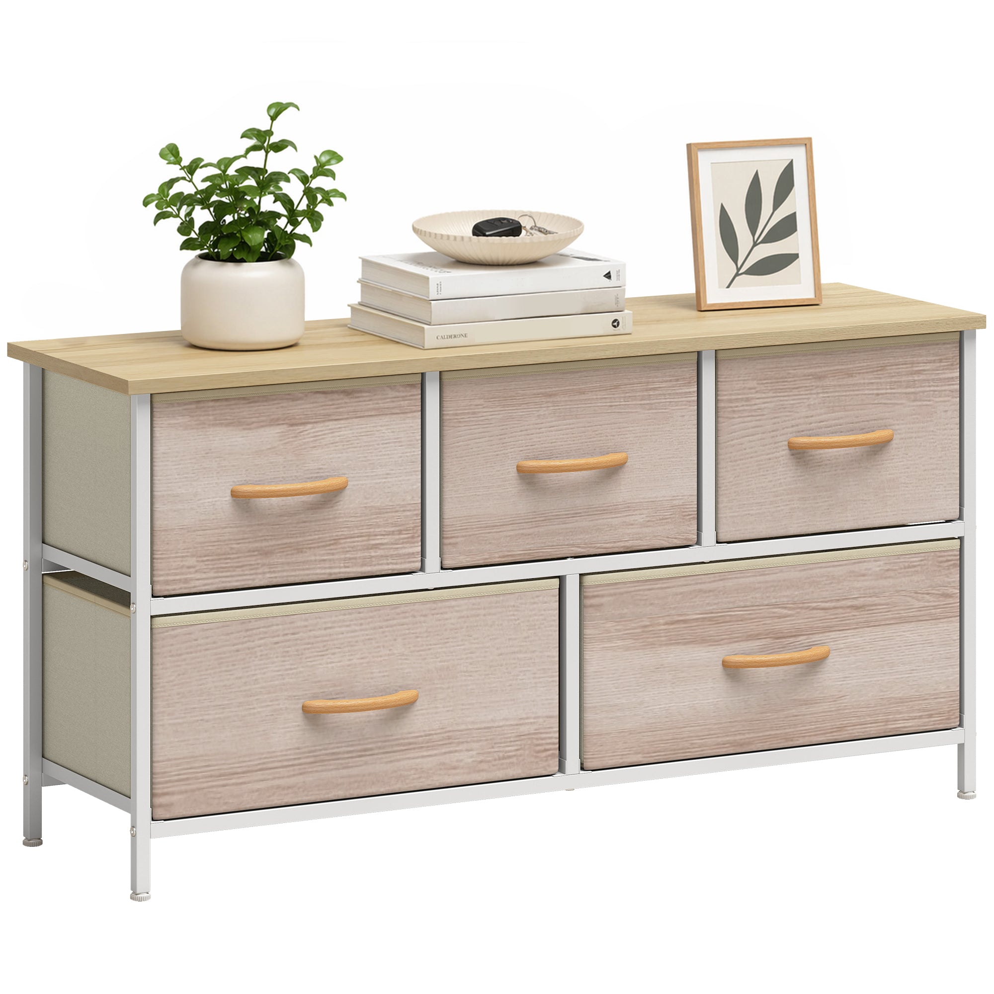 HOMCOM Kommode mit 5 Stoffschubladen und Metallrahmen – Schlafzimmer, Wohnzimmer & Büro, Naturholz/Weiß