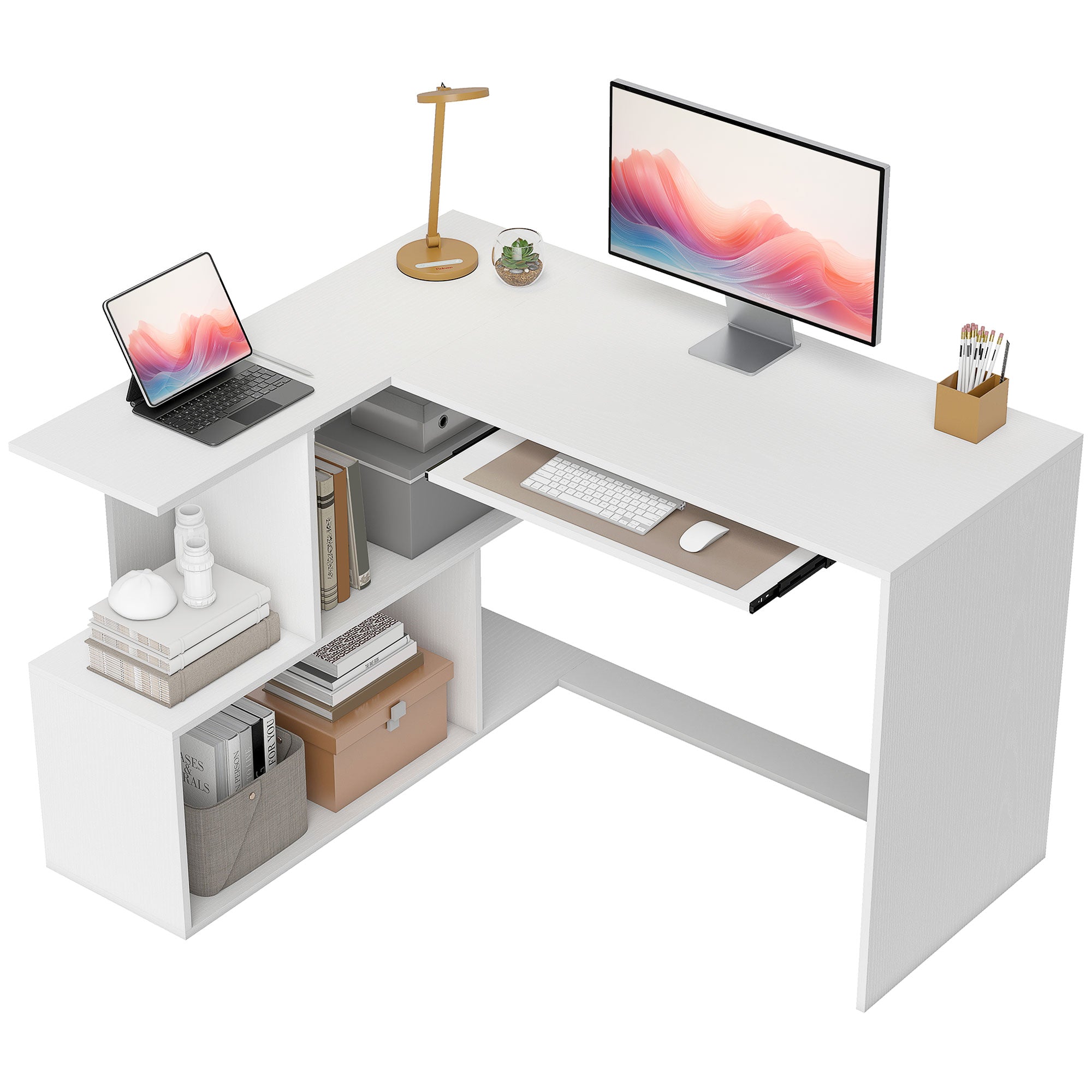 L-Shaped Corner Desk, 120 x 100 x 76 cm (47.2 x 39.4 x 29.9 in) – Sliding Keyboard Tray, 4 Open Compartments, Modern White