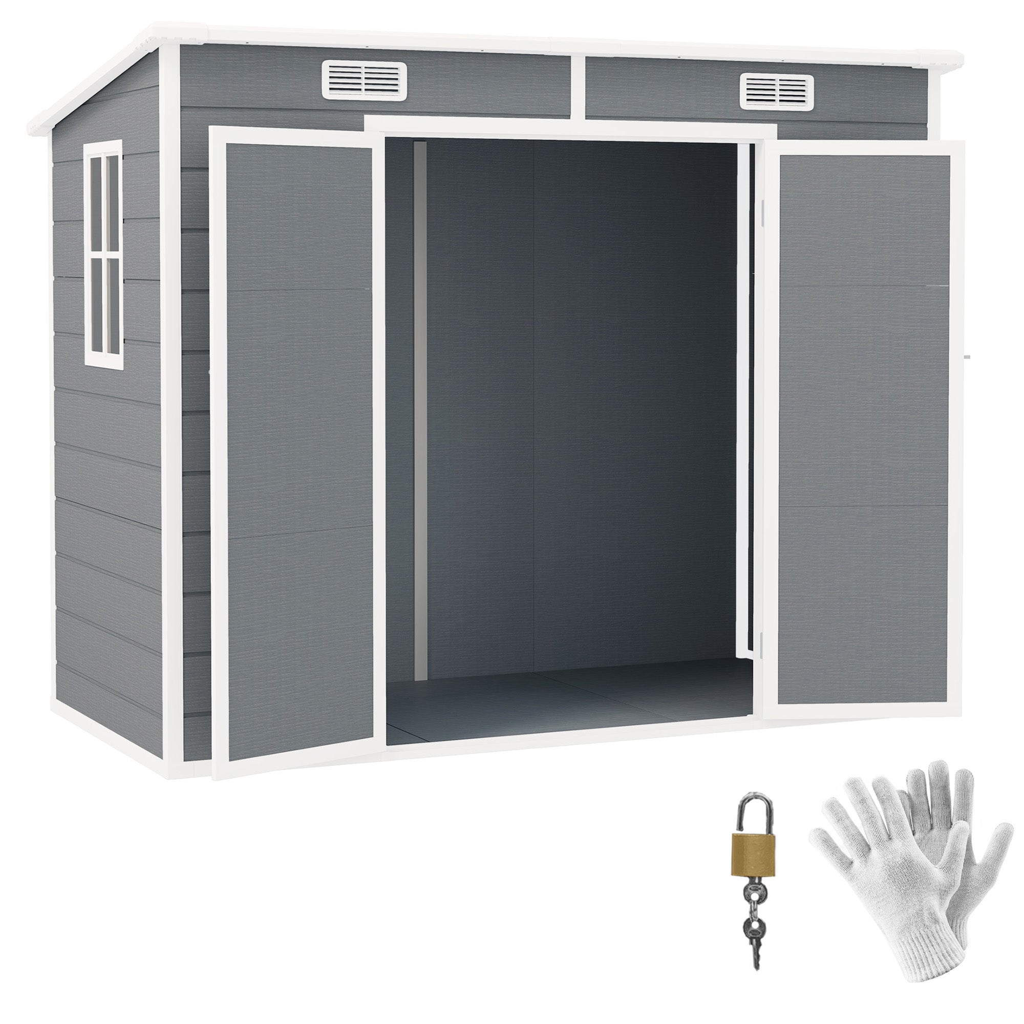 Garden Shed 2.54m², Outdoor Resin Tool Storage Shed with Floor, Lockable Double Doors, Window, Vents, Pent Roof, Waterproof Bike Shed, 238 x 125 x 183/165 cm, Grey