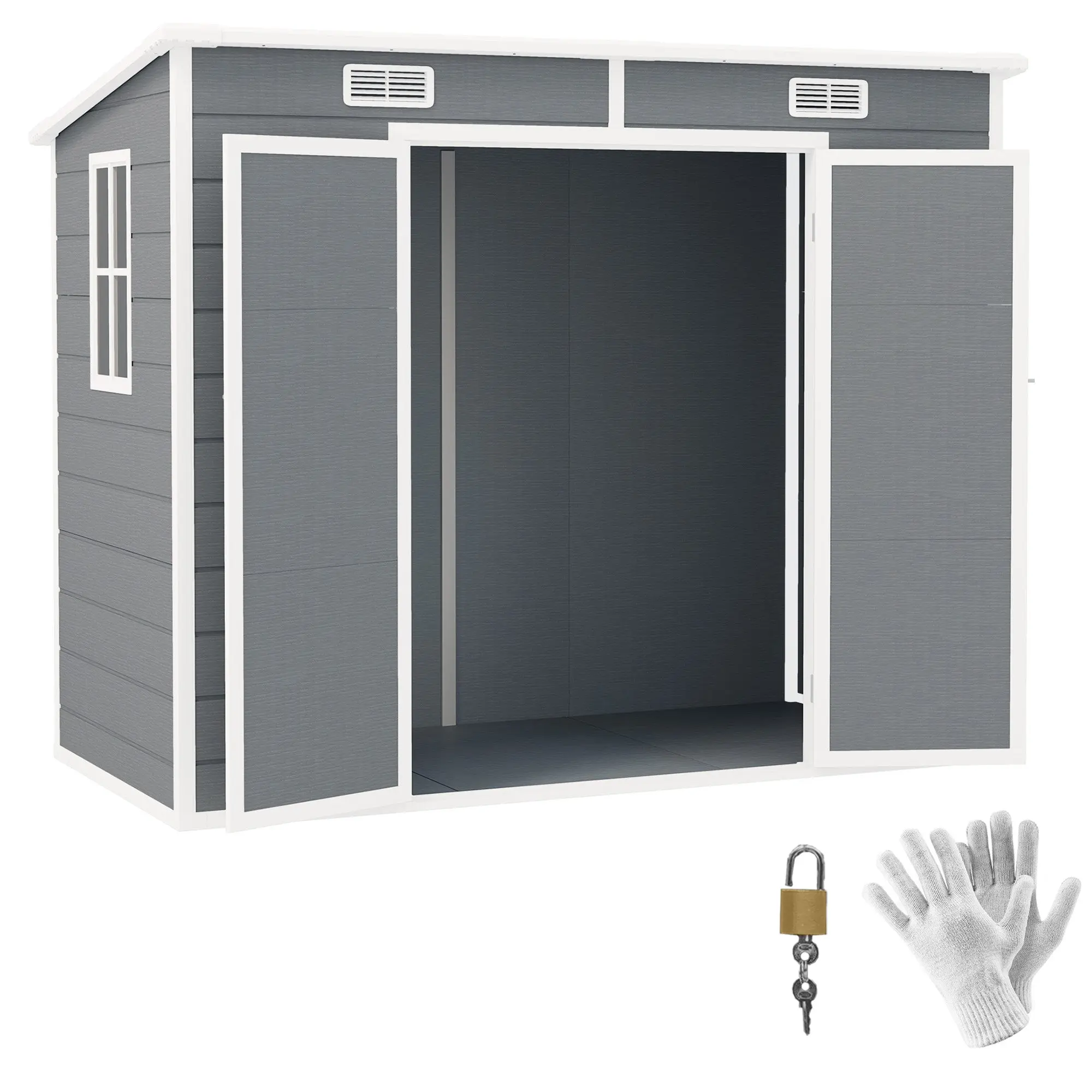 Garden Shed 2.54m², Outdoor Resin Tool Storage Shed with Floor, Lockable Double Doors, Window, Vents, Pent Roof, Waterproof Bike Shed, 238 x 125 x 183/165 cm, Grey