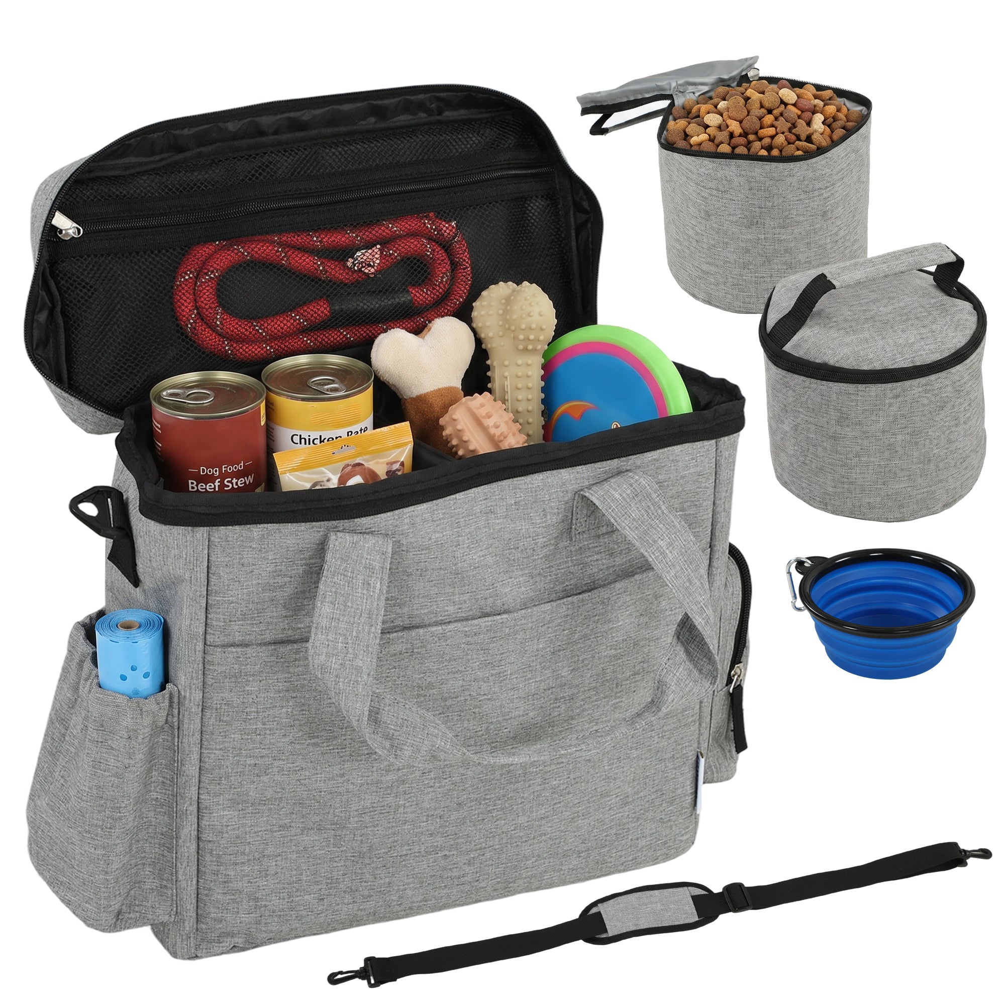 PawHut Hundefuttertasche für unterwegs mit 2 isolierten Futterbehältern & zusammenklappbarem Silikonnapf, Taschen, verstellbare Trennwand – tragbar, robust, Hellgrau