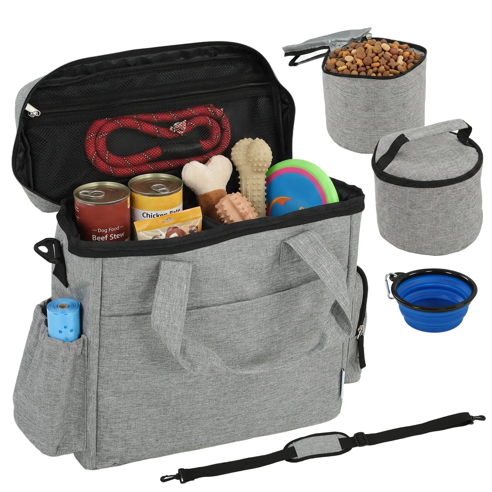 Dog Travel Treat Bag with 2 Insulated Food Containers & Collapsible Silicone Bowl, Pockets, Adjustable Divider — Portable Durable Light Gray