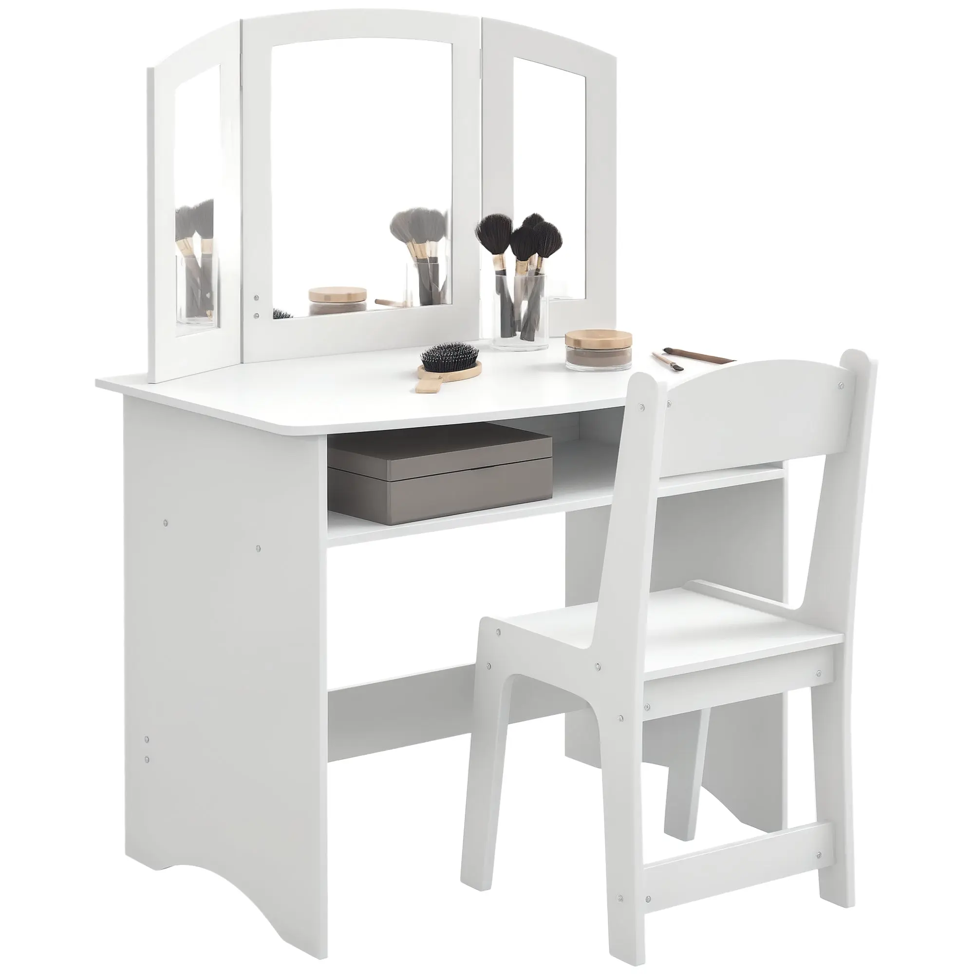 Children's Makeup Set for 3-6 Year Olds, Vanity Table with Removable Triple Mirror and Wooden Chair, White