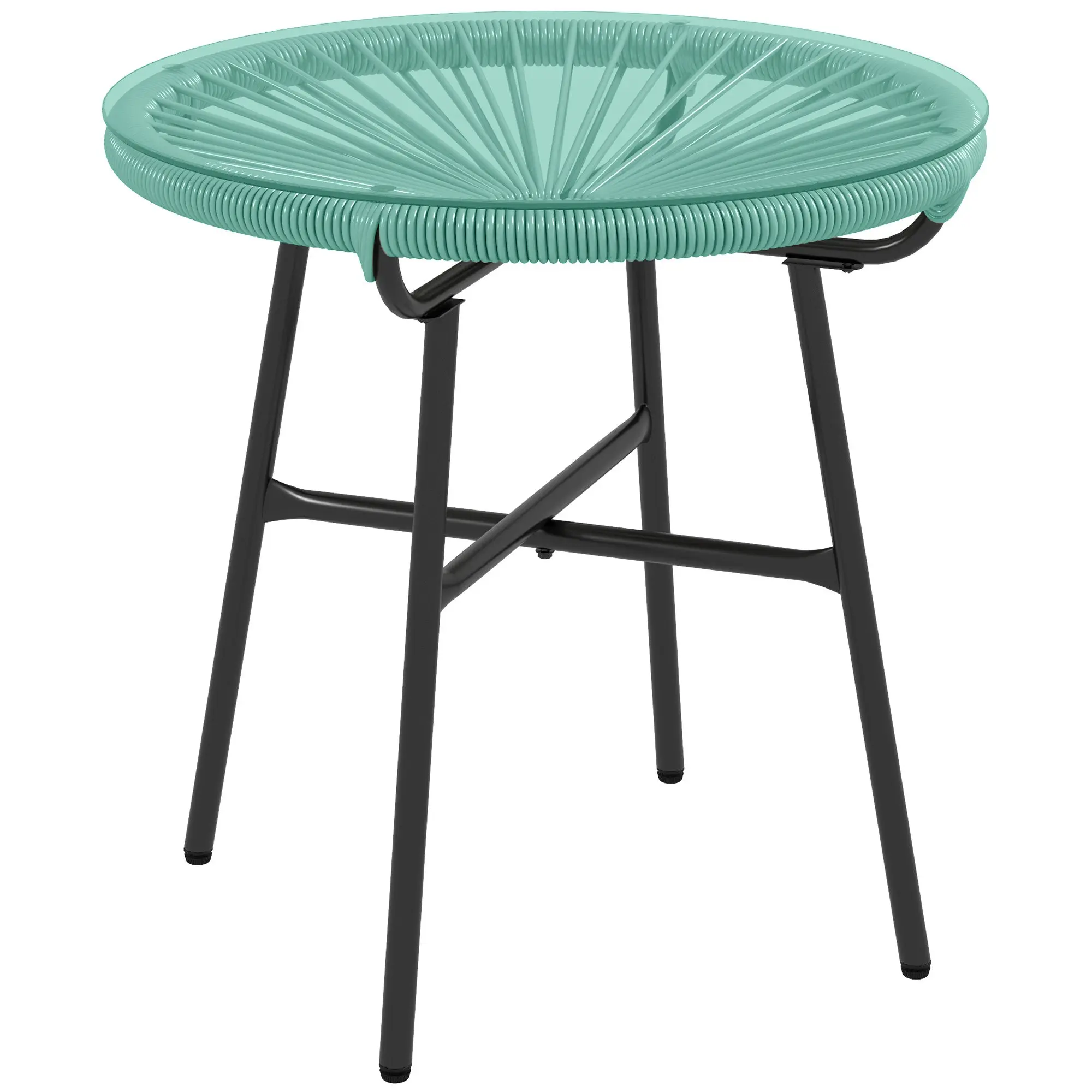 Round Garden Coffee Table in Rattan Effect Resin, Metal, and Tempered Glass Top ? 50 x 50 cm Green