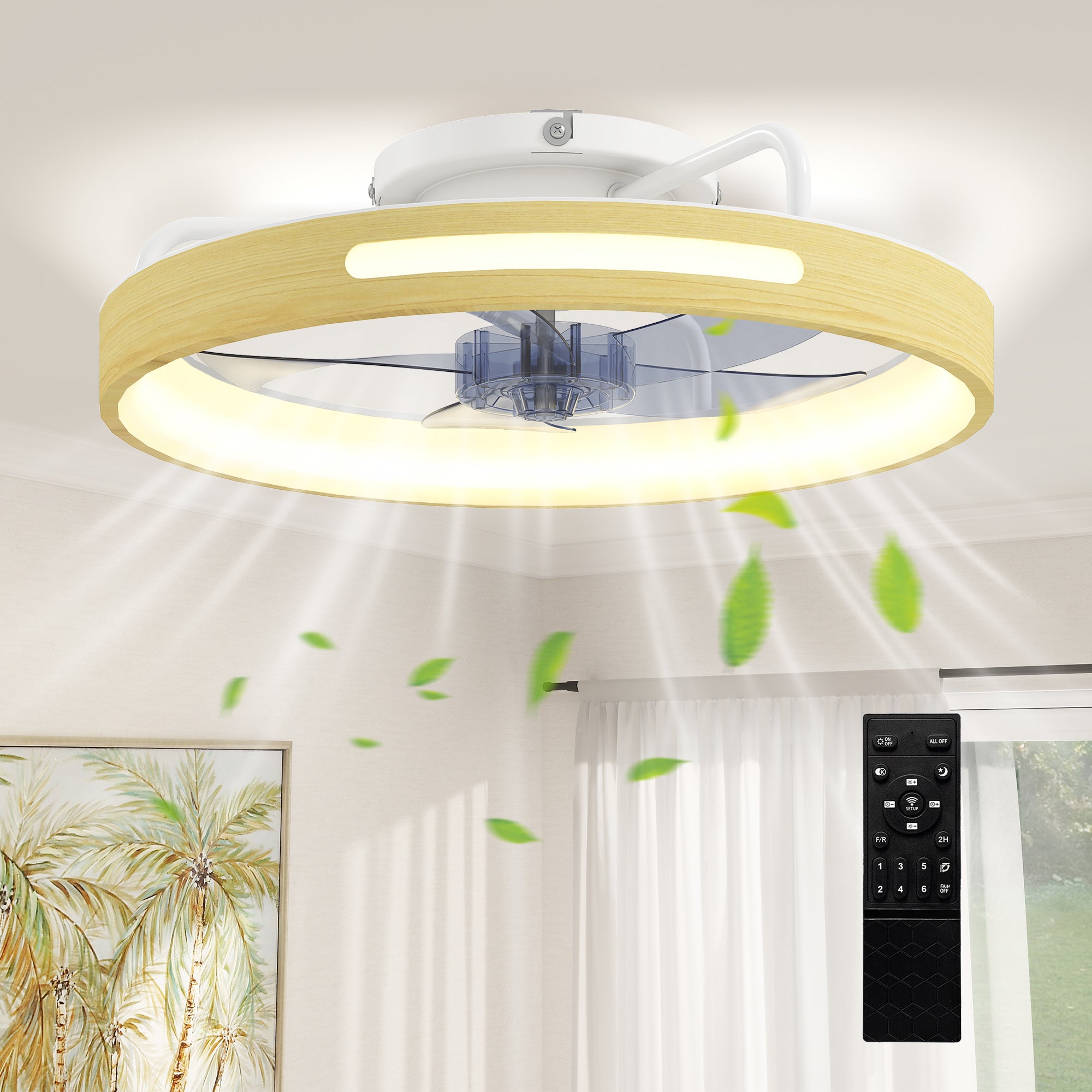 HOMCOM 49 cm LED-loftsventilator med lys, 40 W, vendbar DC-motor, støjsvag drift, fjernbetjening, 6 hastigheder, 3 farvetemperaturer, timer — Naturtræfinish