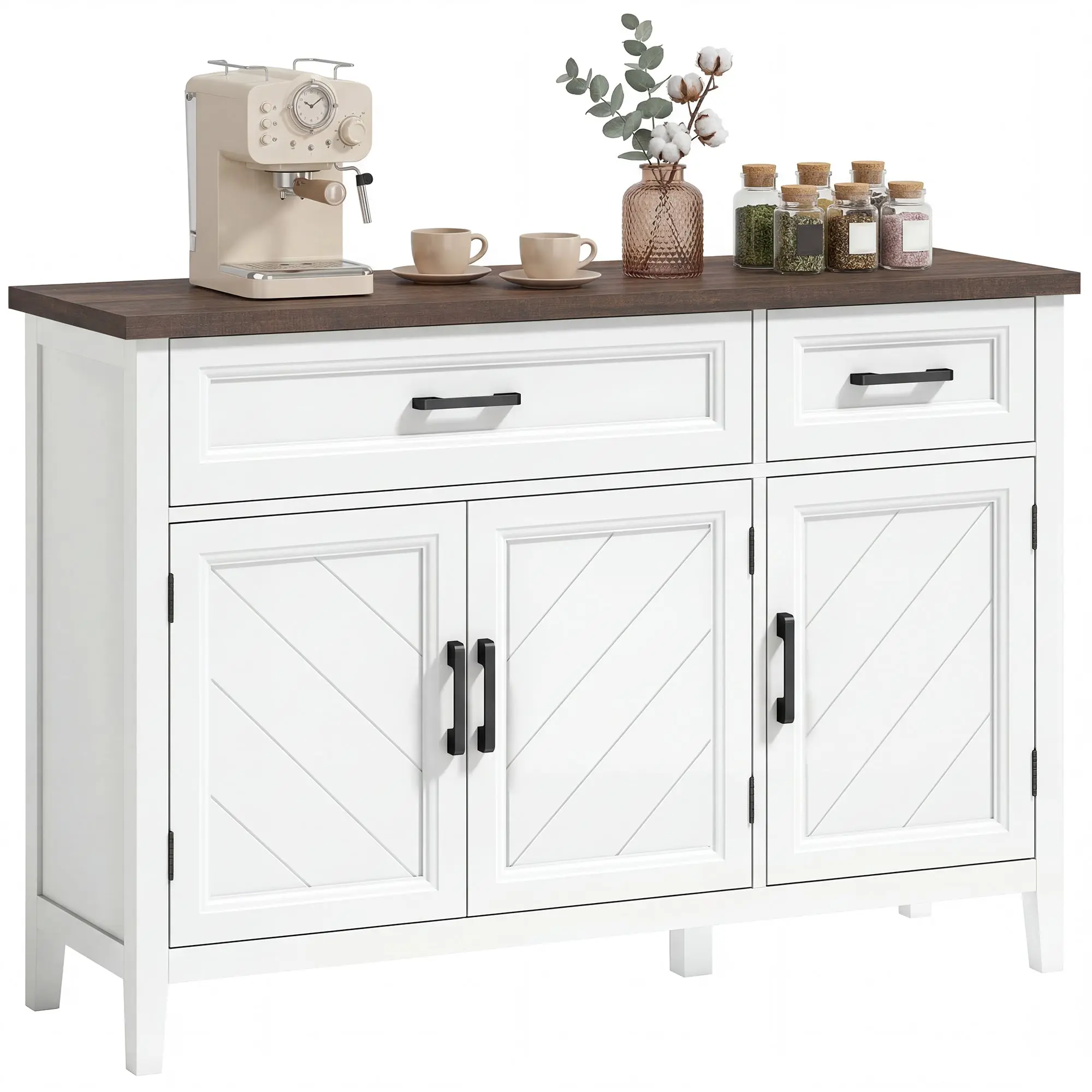 Sideboard, 3-Door Chevron Buffet with 2 Drawers & 2 Adjustable Shelves, Rustic Style, 43.3 x 13.8 x 31.7 in (110 x 35 x 80.5 cm), White
