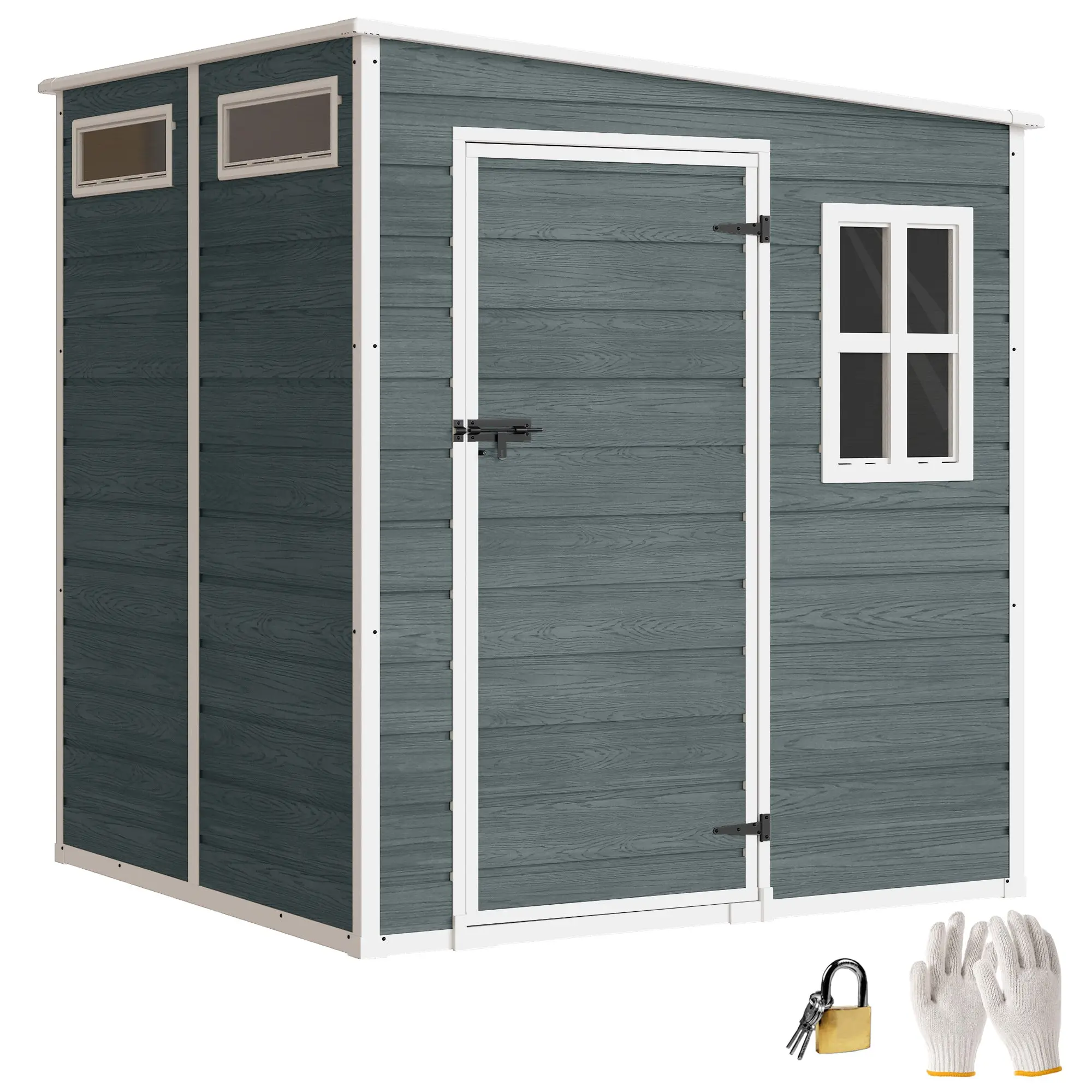 6 ft x 6 ft Weathered Gray Garden Shed with Floor, Wood-Effect Panels, Lockable Door & Windows for Patio, Lawn or Garage