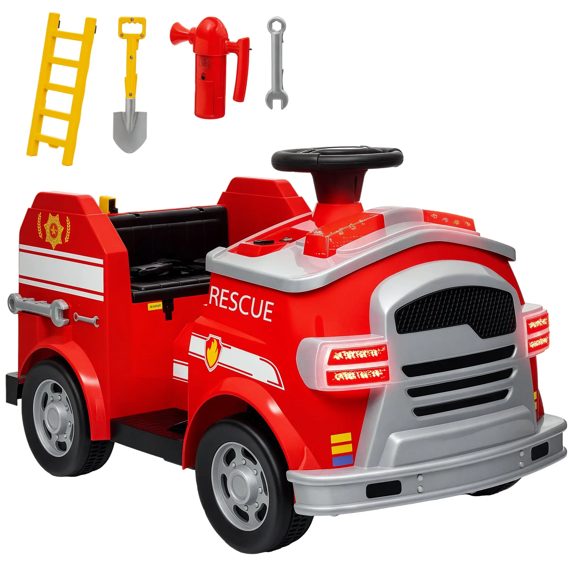 Kids Electric Car 6V Child Car with Music, Horn, Electric Vehicle with Headlights, Gentle Start, Children's Fire Truck 3 km/h, for 3-5 Years Kids, Red
