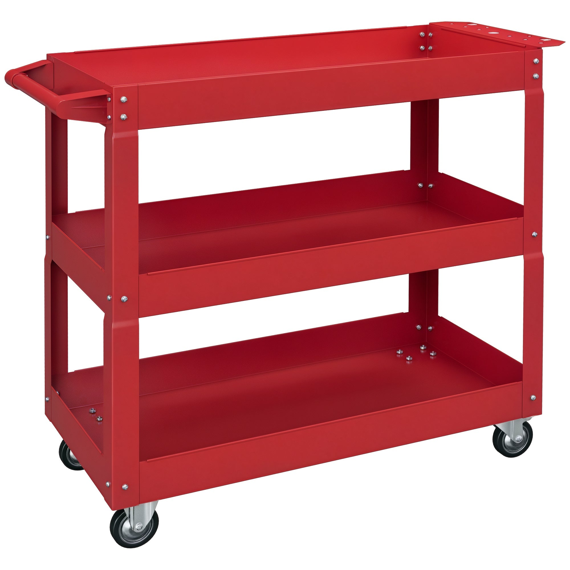 DURHAND Werkstattwagen mit Rädern – Stahlwerkstattwagen mit 3 Ablageflächen und Seitengriff für die Mechanik, Garage oder Zuhause – 150 kg Traglast – 83x35,3x76 cm – Rot