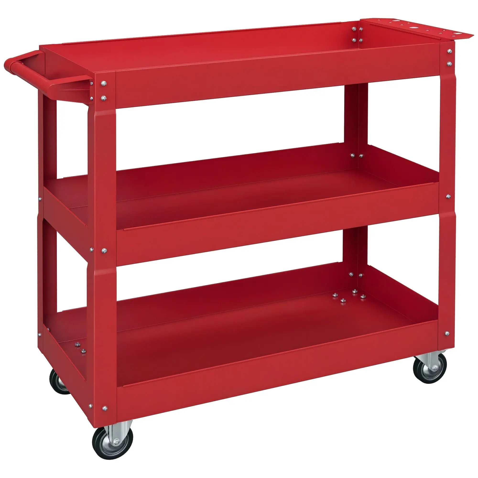 Tool Cart with Wheels Steel Tool Cart with 3 Storage Shelves and Side Handle for Mechanical Garage Home 150 kg Load Capacity 83x35.3x76 cm Red