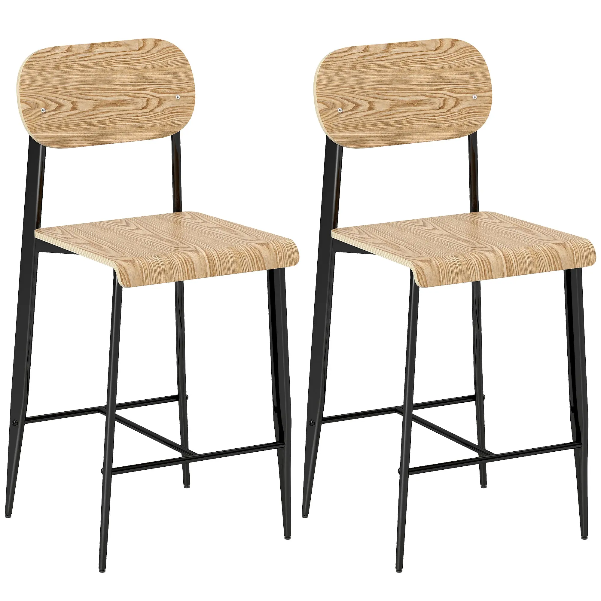 Set of 2 Bar Stools, Bar Chair with Footrest, Metal Frame, Kitchen Chair with 66 cm Seat Height, Counter Stool Easy Assembly, Industrial Design Natural Wood+Black