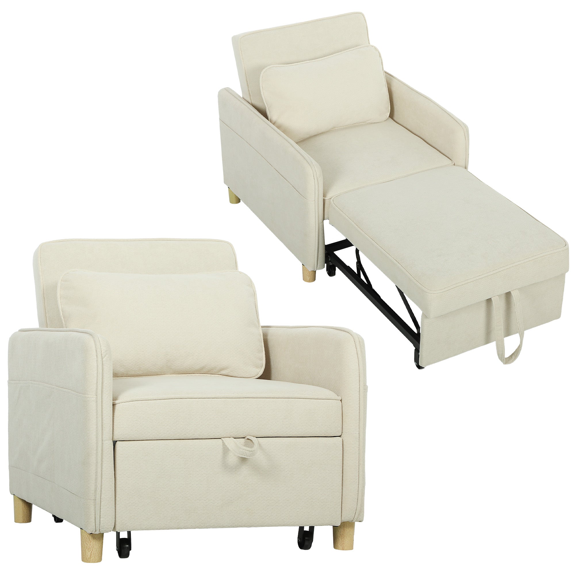 3-in-1 Convertible Sofa Bed with Wide Seat, Adjustable Back, Lumbar Pillow, 6 Side Pockets — Beige Corn Velvet