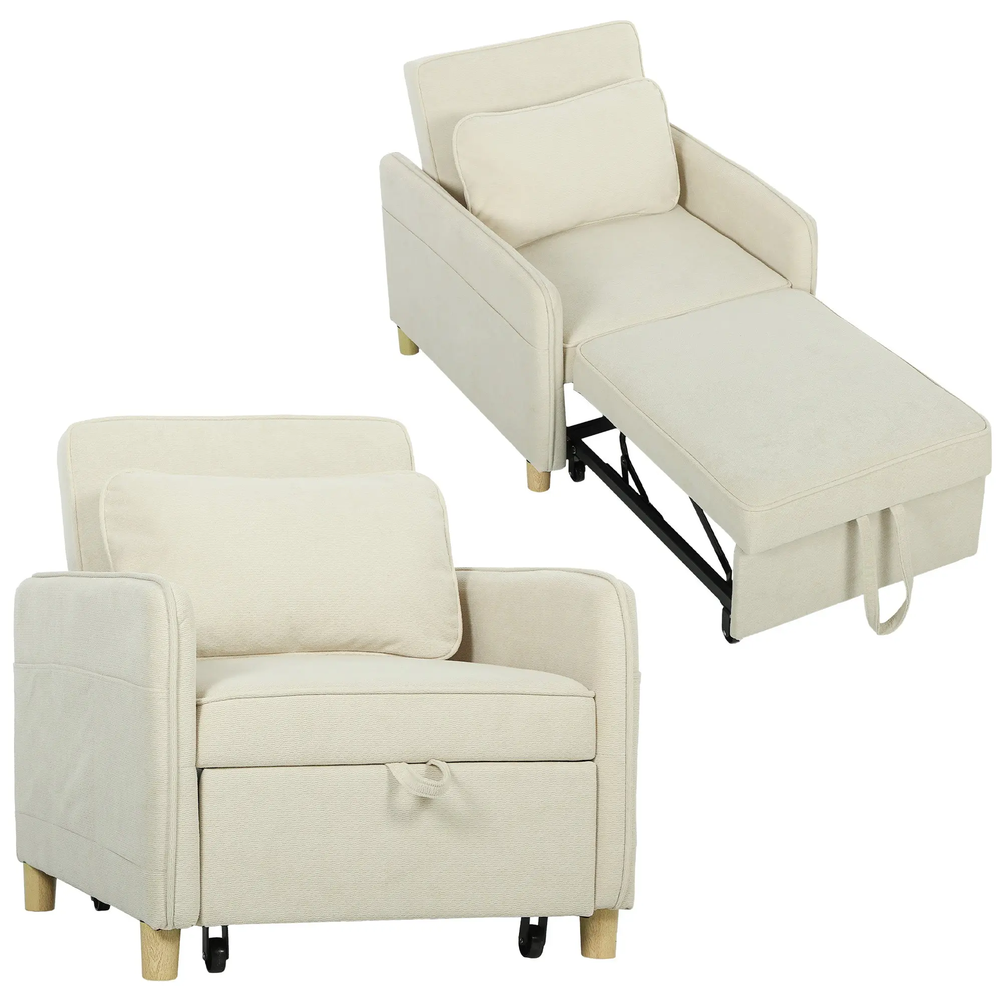 3-in-1 Convertible Sofa Bed with Wide Seat, Adjustable Back, Lumbar Pillow, 6 Side Pockets — Beige Corn Velvet
