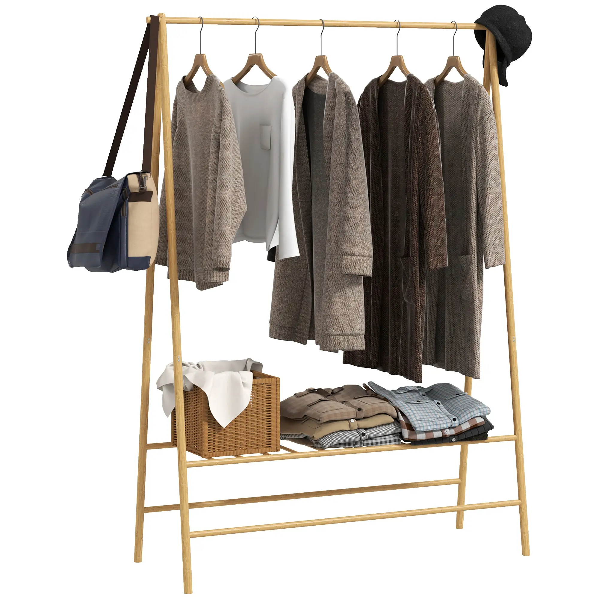 Clothes Rack Coat Stand with Shelves, Hooks, Clothes Rail, Wardrobe in Bamboo for Bedroom, Exhibitions, Laundry Room, Natural Wood