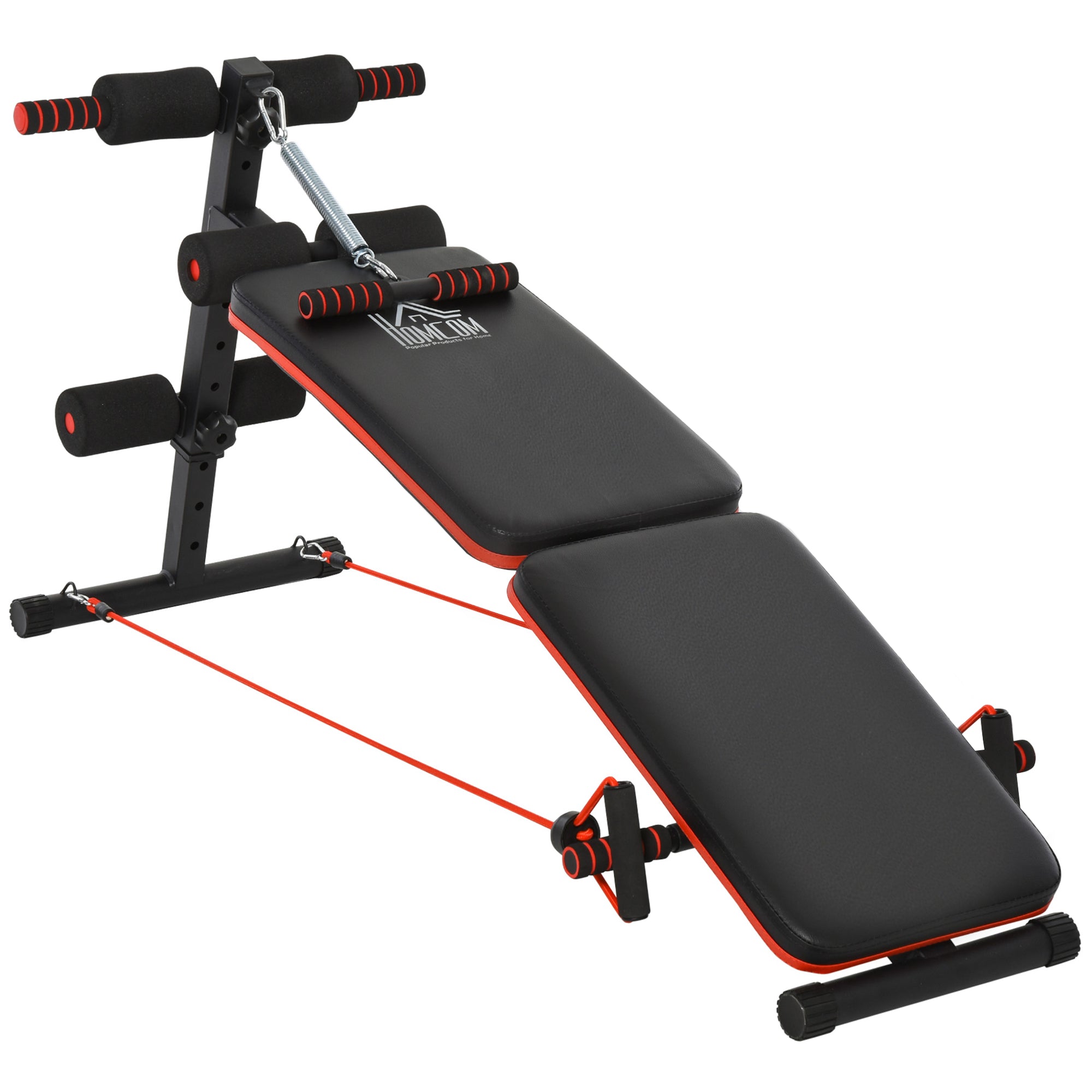 HOMCOM Sit-Up-Bank Bauchtrainer mit Trainingsseilen Multifunktionale Verstellbare & Zusammenklappbare 110 kg Tragfähigkeit Stahl Schwarz+Rot 137 x 51 x 50-66 cm