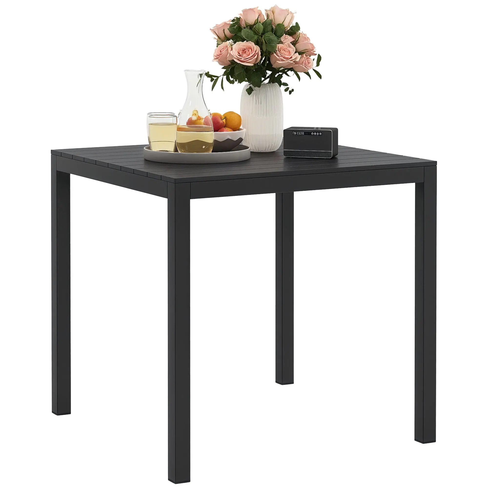 Garden Table Aluminum 73x73 cm Weatherproof Buffet Table with Wood Grain Look, Camping Table for 4 Persons Non-Slip Balcony Table Outdoor Dining Table for Garden, Terrace Balcony Black