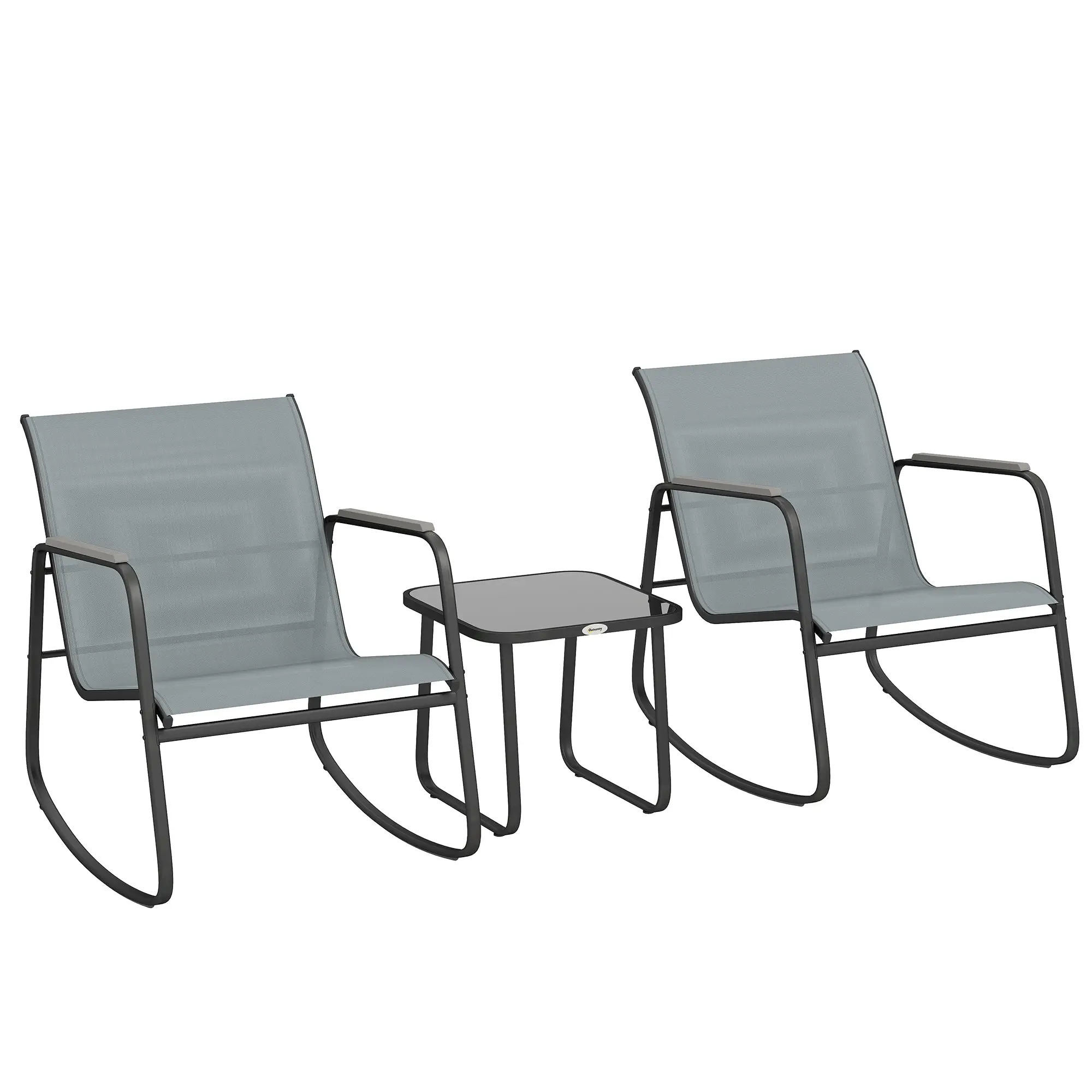 3-Piece Outdoor Bistro Set — 2 Rocking Chairs & Tempered Glass-Top Steel Table, Gray
