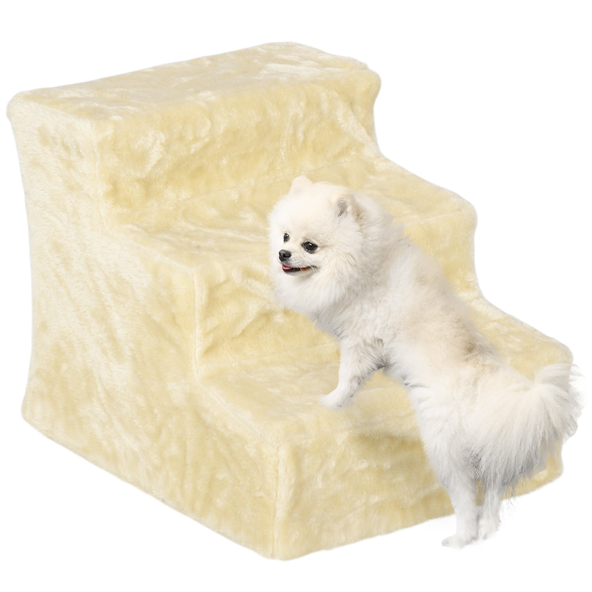 PawHut Hundetrapper 3 Trin 35 cm Høje Pet Trapper til Små Hunde eller Katte, Kat Trapper Hund Ramp med Vaskbart Plush Betræk til Seng, Sofa, Sofa, Beige
