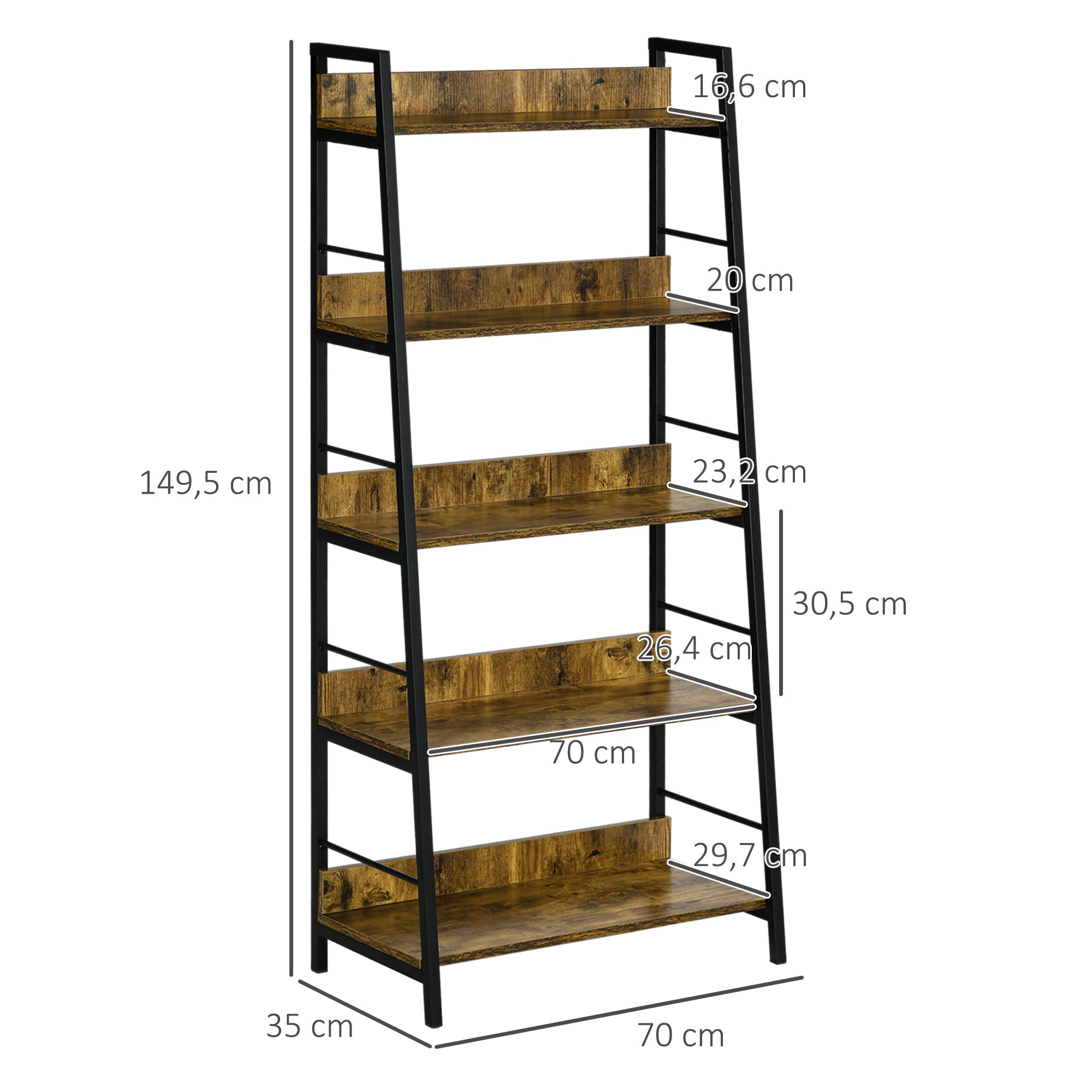 HOMCOM Knihovna v industriálním stylu, nakloněná, 5 polic, 70L x 35W x 150H cm