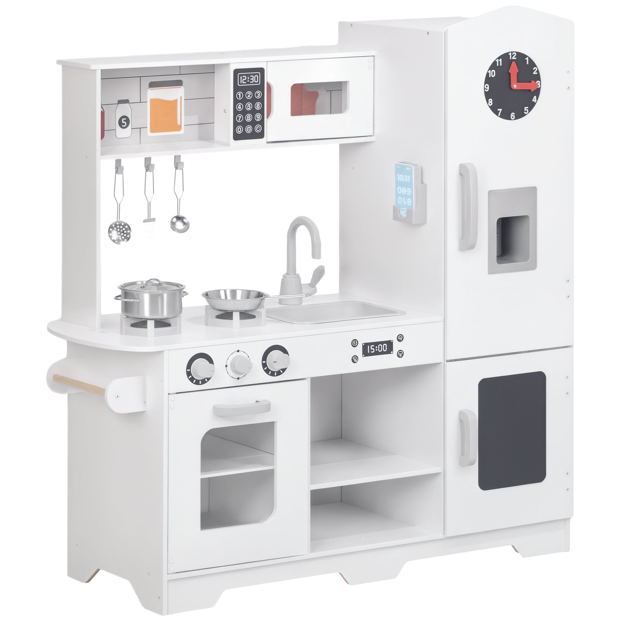 Cuisine Jouet AIYAPLAY pour Enfants +3 Ans - Cuisine en Bois avec Cuisinière, Évier, Micro-ondes, Horloge, Machine à Glace et Accessoires Blancs