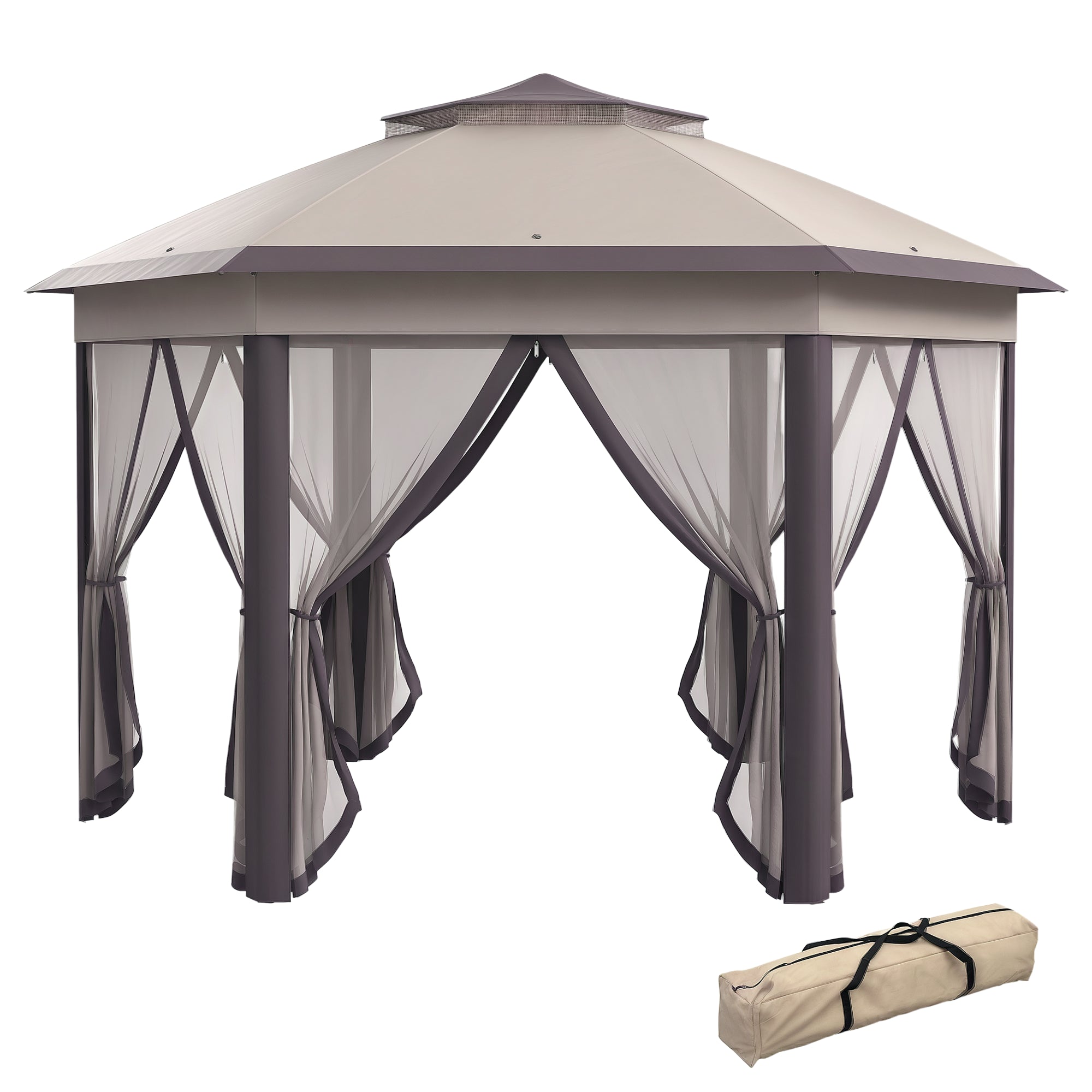Pavilion 4x4m Waterproof Pop-up Hexagonal Foldable Pavilion, Double Roof, Garden Pavilion with 6 Side Panels, Party Tent incl. Carrying Bag, for Garden, Terrace, Festival, Coffee+Beige