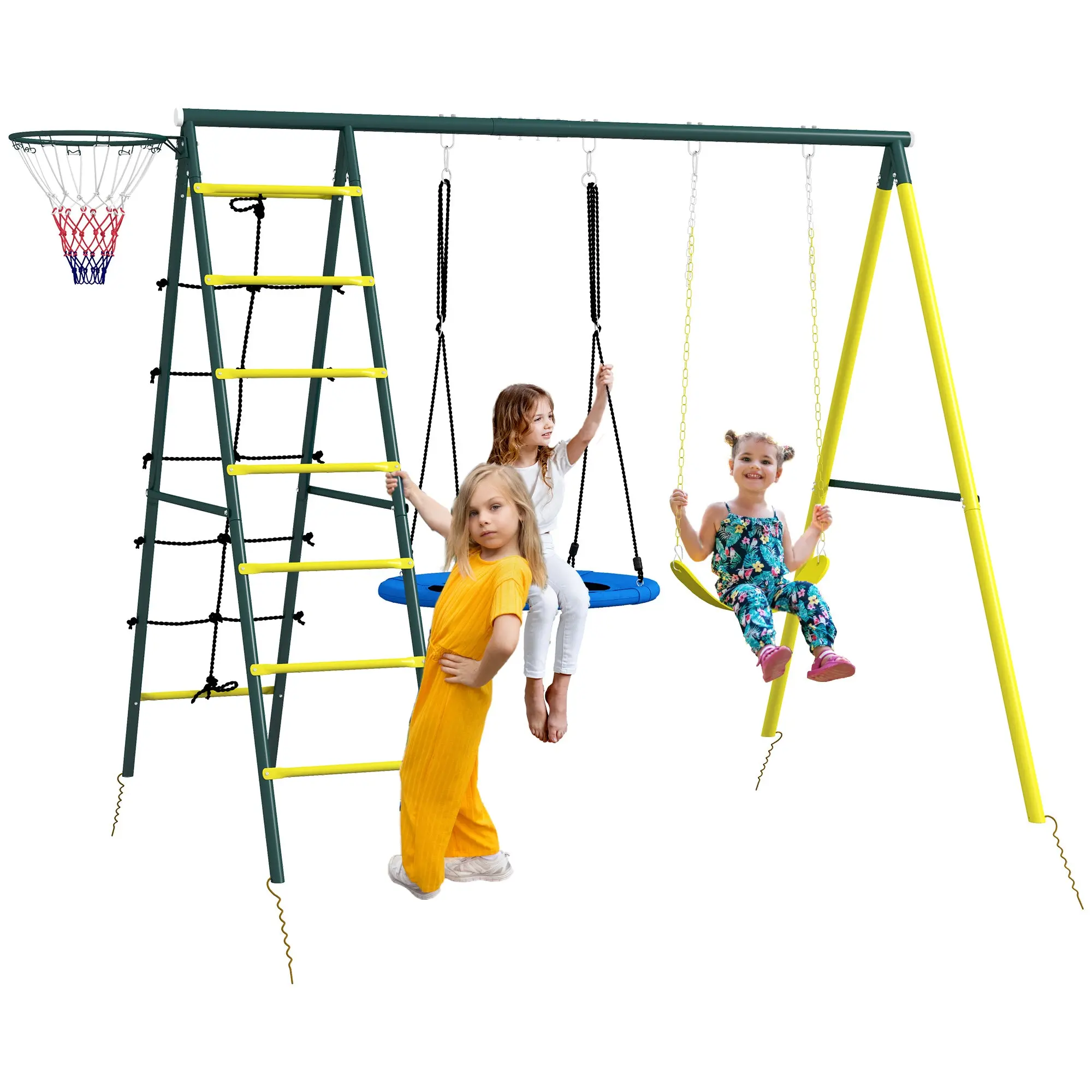 4-in-1 Kids Swing Set — Nest & Single Swing, Climbing Net, Basketball Hoop & Ladder, 353 lb Capacity, Outdoor Playset for Ages 3–8, Yellow