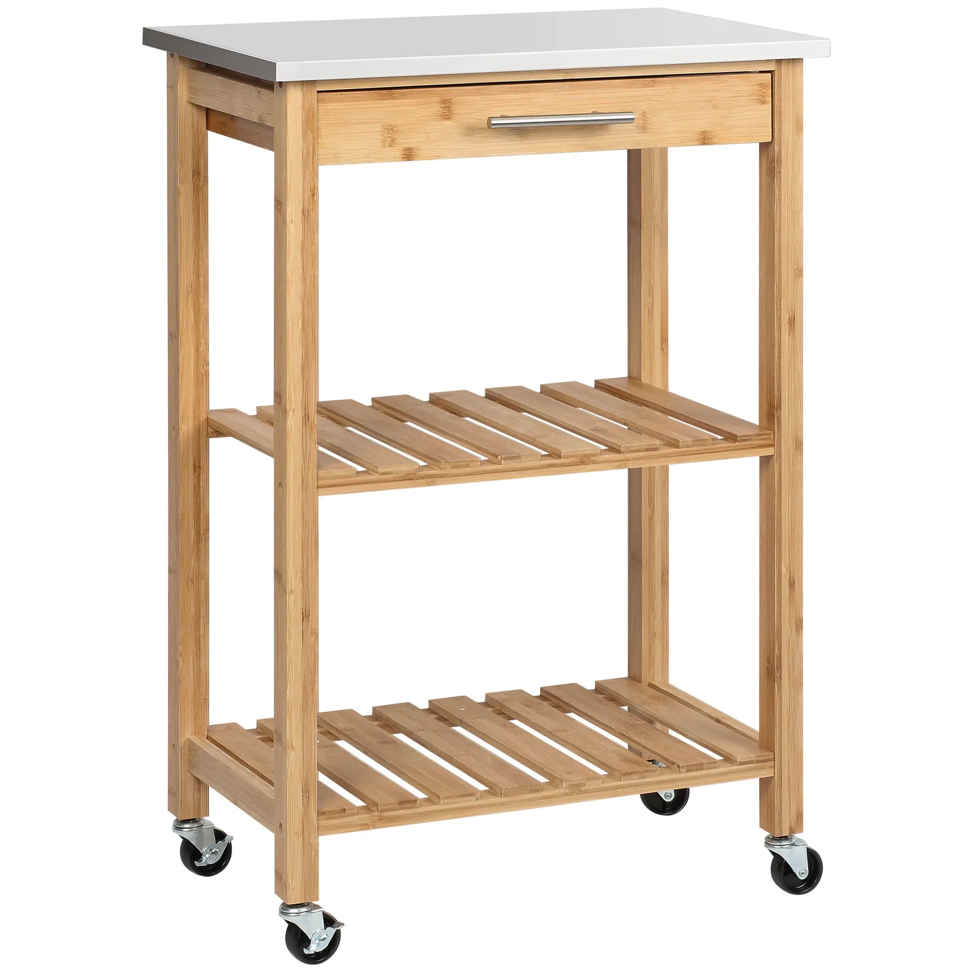 Bamboo Kitchen Cart — Space-Saving with Stainless Steel Top, Drawer & Slatted Shelves, Mobile Fruit & Veg Cart, Natural Finish