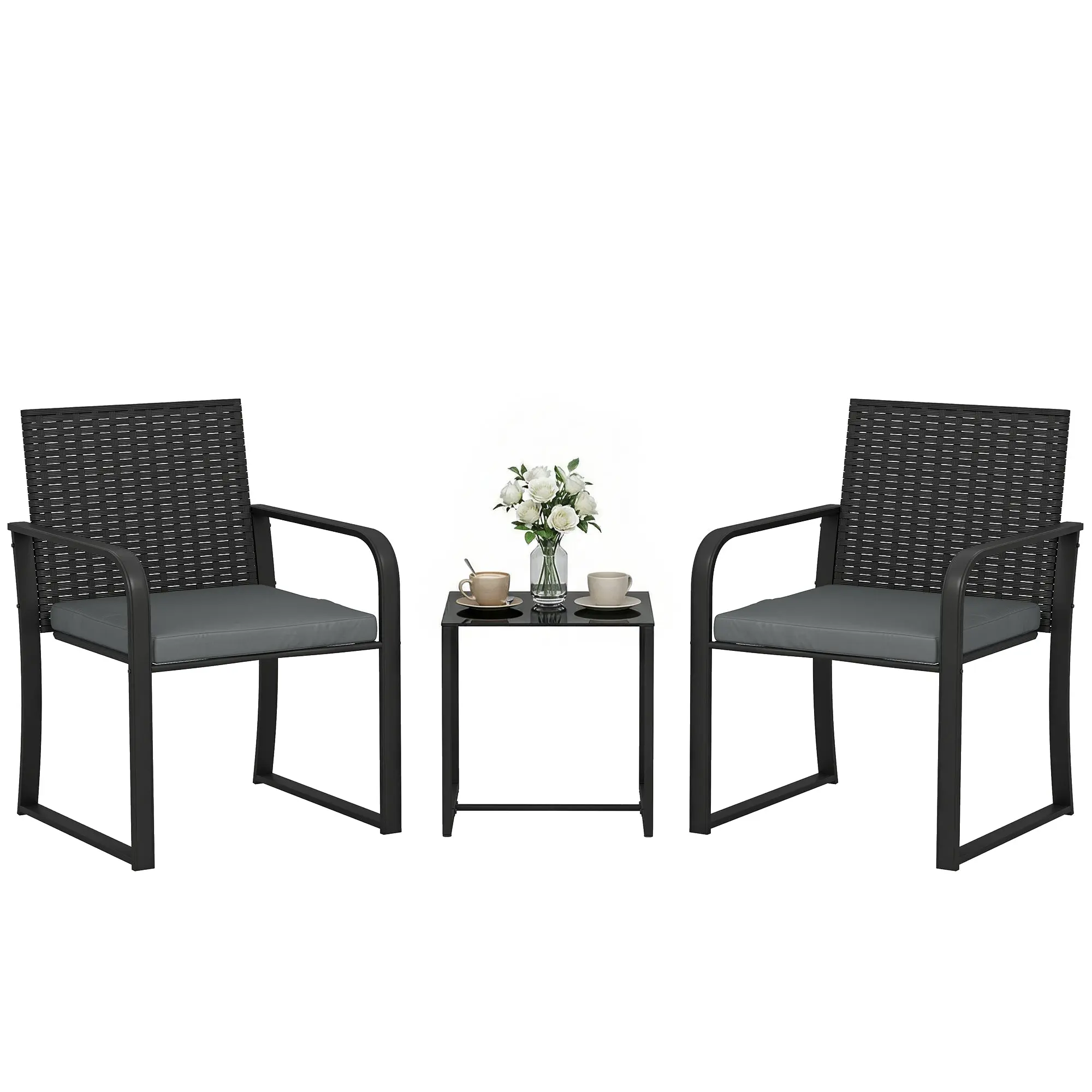 3-Piece Outdoor Rattan Patio Set — 2 Cushioned Chairs & Tempered Glass Side Table, Weather-Resistant, Gray