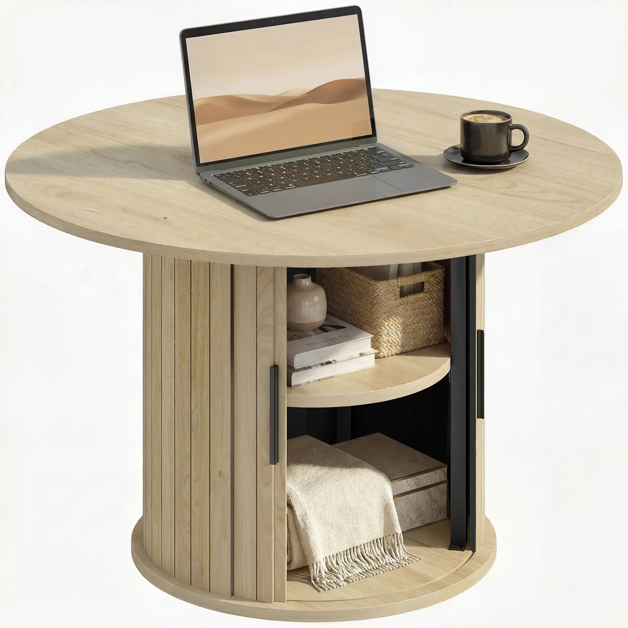 Round Coffee Table with Slatted Sliding Door, Hidden Storage & 2 Shelves, Felt Pads, Modern Natural Wood Finish, 31.5 in Ø x 19.7 in H