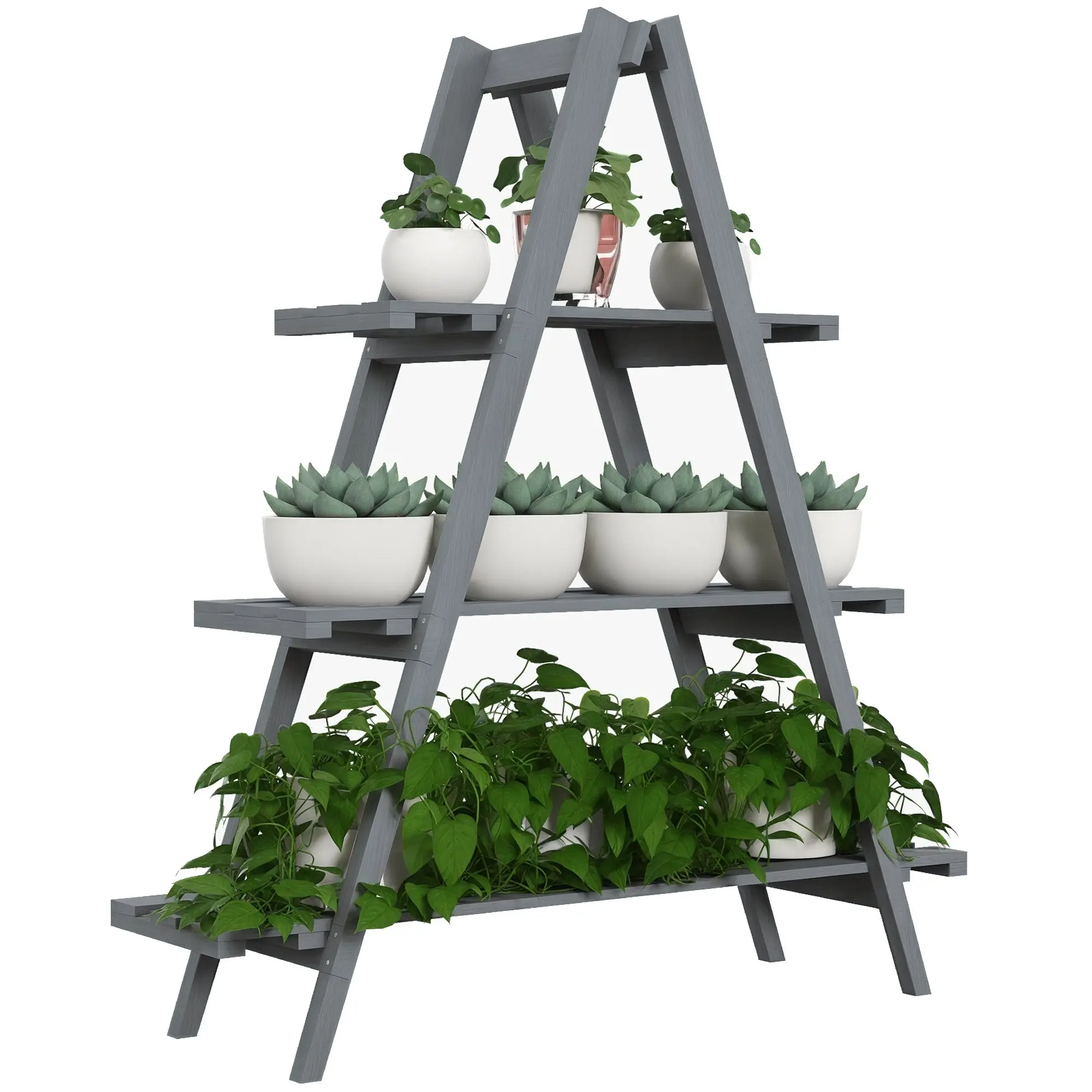 Foldable 3-Tier Wooden Plant Stand Pot Holder with A-Frame for Indoor Outdoor Living Room Garden Balcony 100x36x112 cm Gray