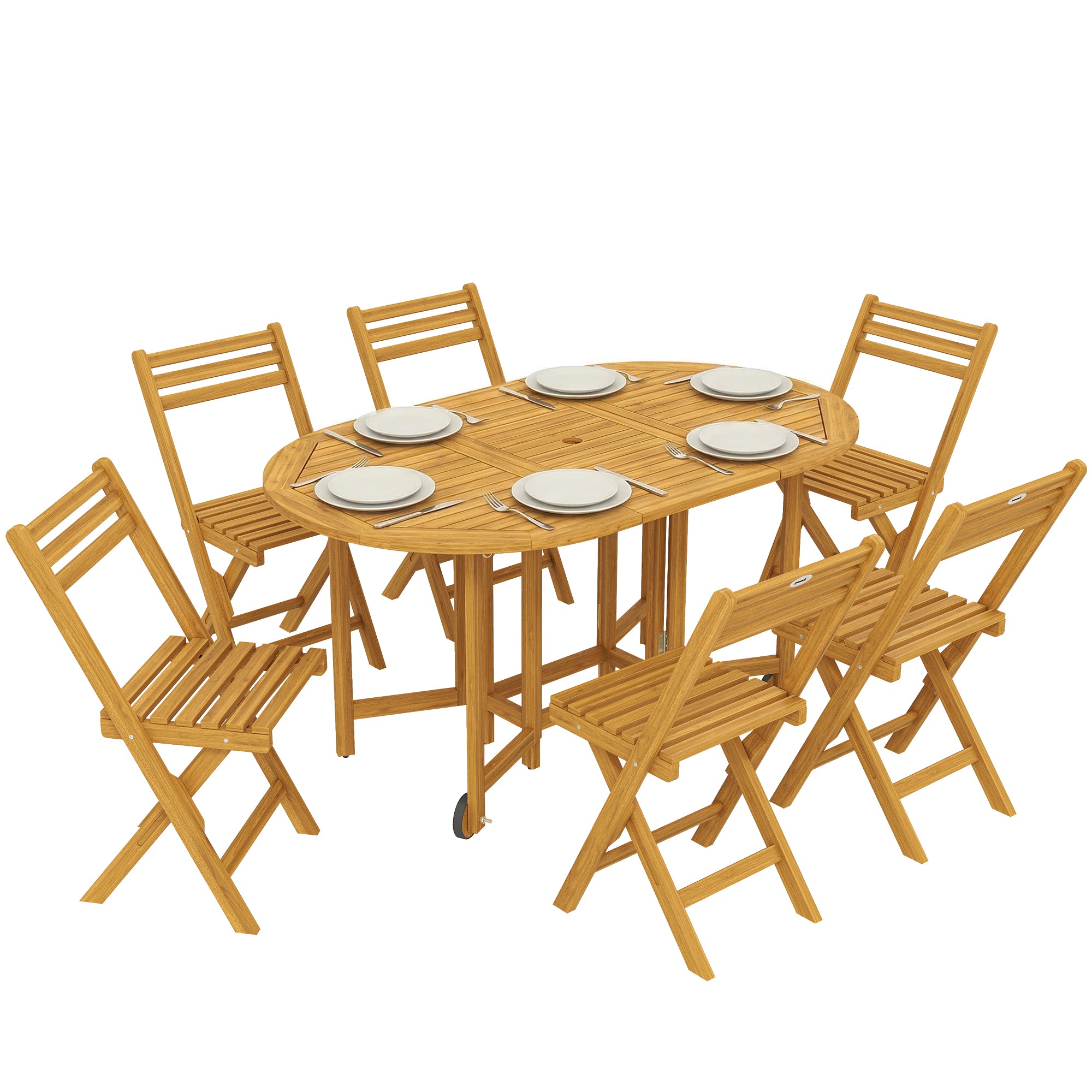 Outsunny 7‑teiliges FSC-Akazien-Garten-Essset – ausziehbarer Tisch & 6 Klappstühle, wetterbeständig, Natur, Sonnenschirmloch