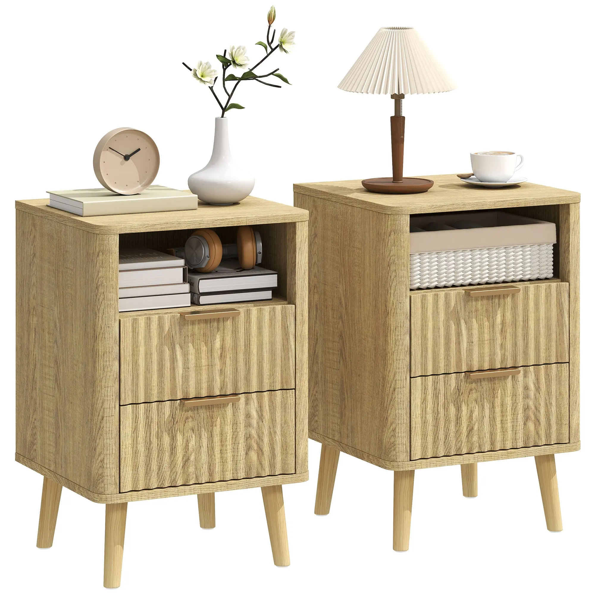 Set of 2 Oak Nightstands | 2 Drawers + Open Shelf, Wave-Textured Fronts, Rounded Corners, Solid Wood Legs, Modern Bedroom Accent
