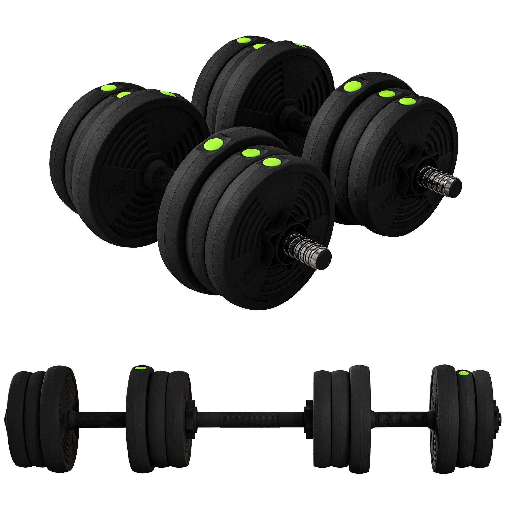 SPORTNOW 20 kg Kurzhantel-Set 2-in-1 mit Langhantel, rutschfestem Griff, verstellbaren Kurzhanteln für Krafttraining zu Hause, im Büro oder im Fitnessstudio - Schwarz und Grün