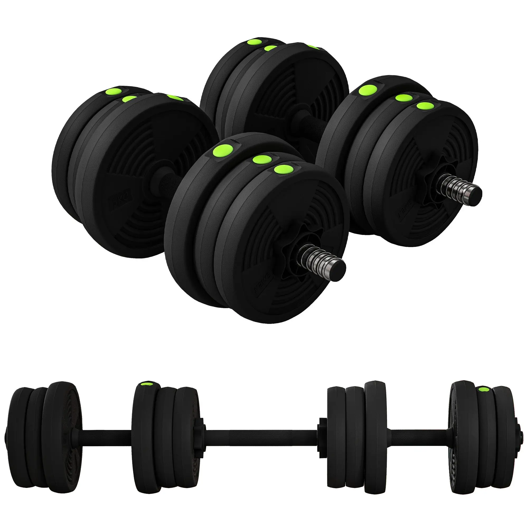 SPORTNOW 20kg Dumbbell Kit 2-in-1 Weight Set with Barbell Anti-Slip Handle Adjustable Dumbbells for Strength Training at Home Office Gym Black and Green