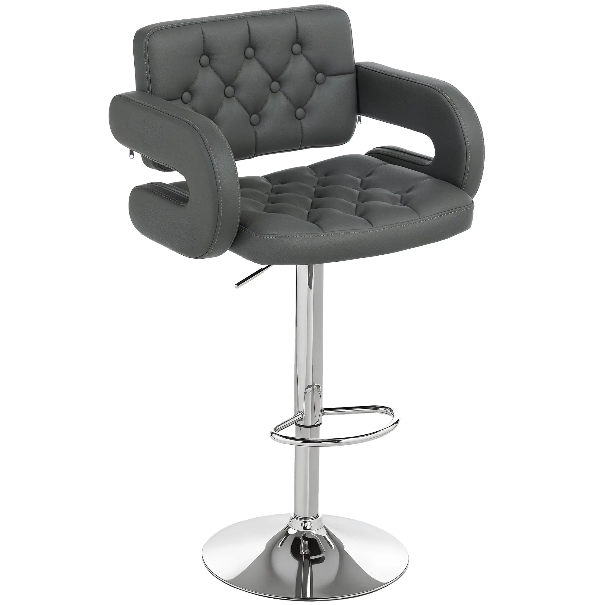 Adjustable 360° Swivel Bar Stool – Padded PU Seat & Back, Armrests, Footrest, Steel Frame (Gray)