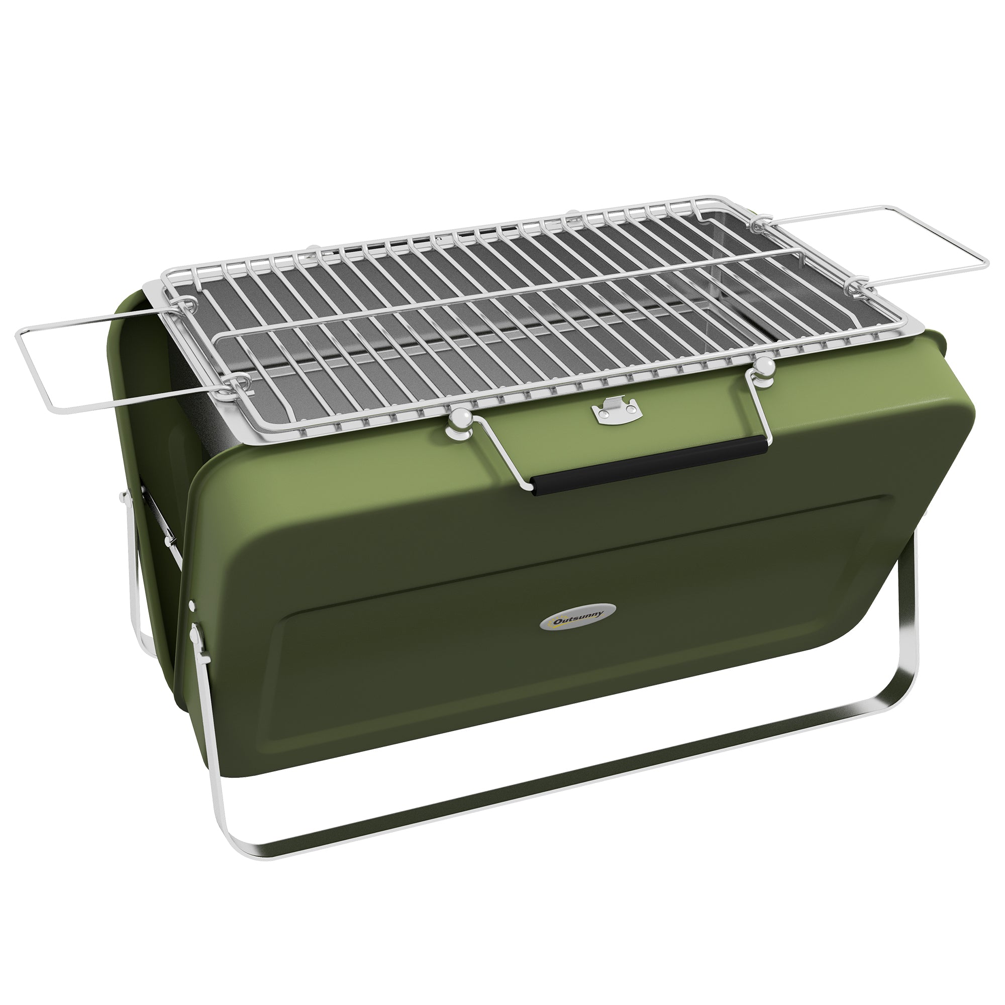 Outsunny Kannettava Grill Hiiligrilli, Kannettava Hiiligrilli Hiilitelineellä, Grilliritilä Retkigrilli Kahvalla Piknikille, Puutarhaan, Ruostumatonta Terästä Vihreä, 47 x 30 x 28 cm