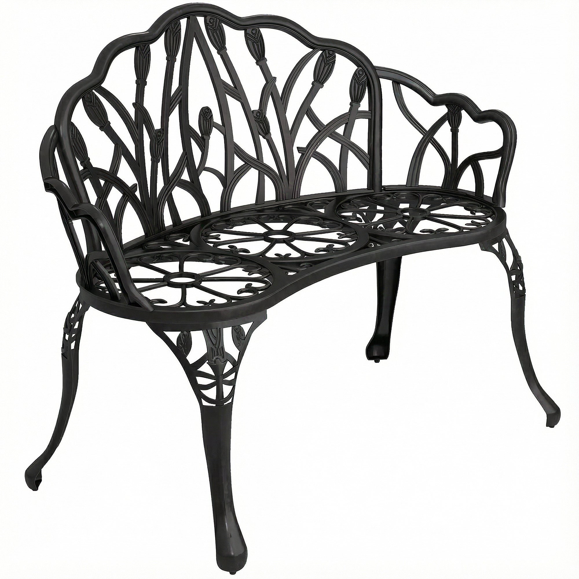 Outsunny 2‑Sitzer Gartenbank aus Aluminium-Druckguss, witterungsbeständig, Tulpenlehne & Blumenmotiv, perforierte Balkonbank bis 240 kg – 99 x 57 x 78 cm
