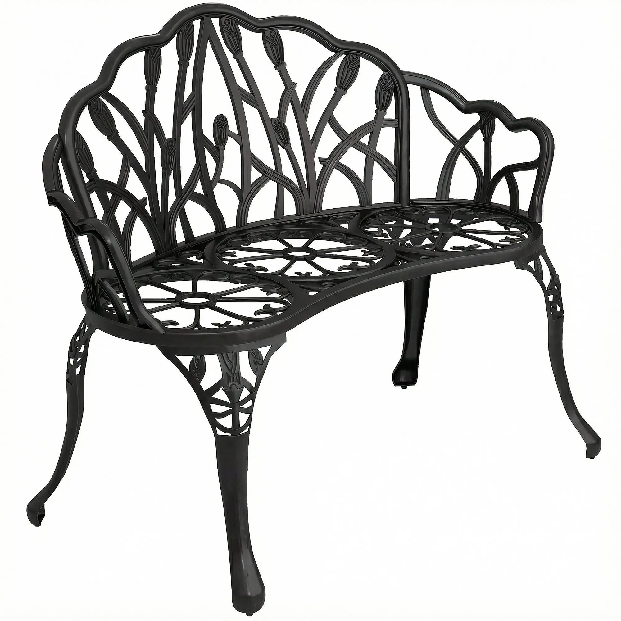 2-Seater Cast Aluminum Weatherproof Outdoor Bench with Tulip Back & Floral Motif, Perforated Balcony Bench up to 240 kg (529 lb) – 99 x 57 x 78 cm (39 x 22.4 x 30.7 in)
