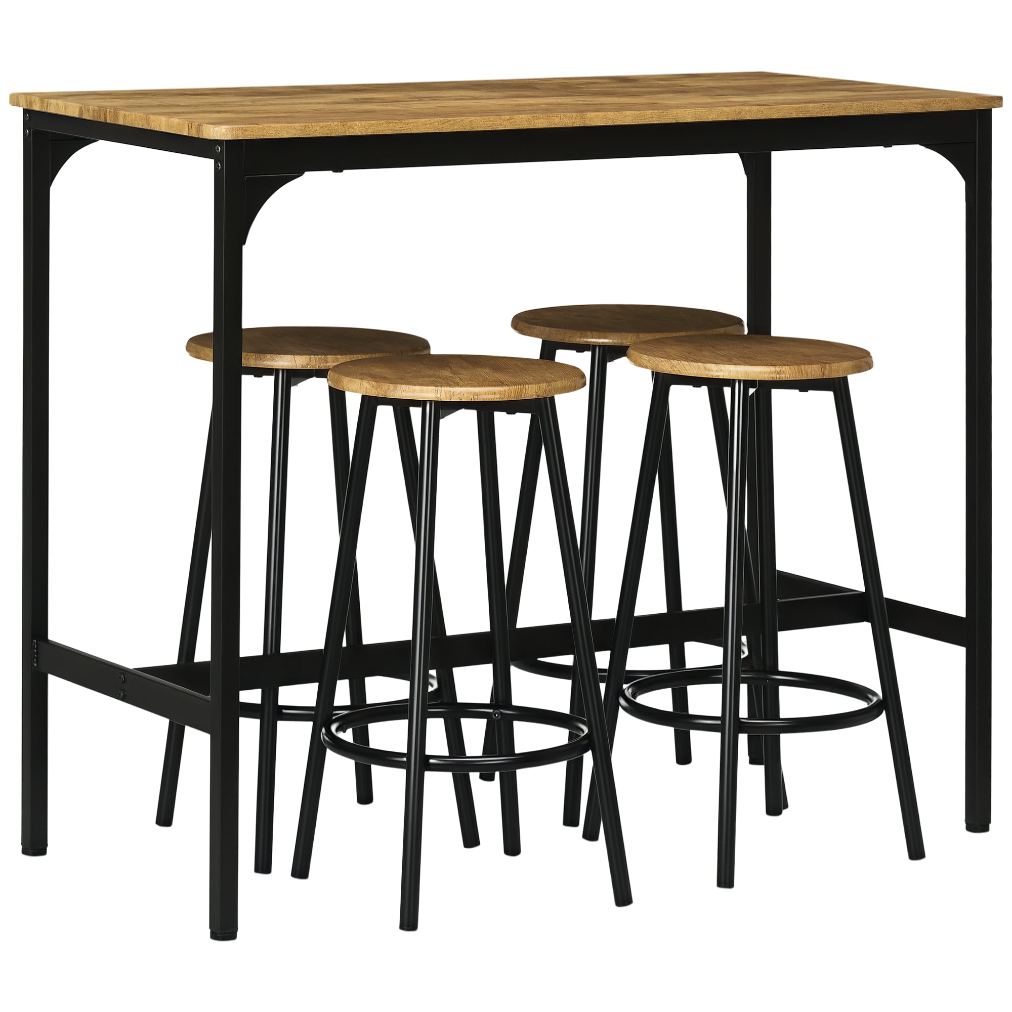 HOMCOM Bartisch mit Barhocker Set, 5-tlg. Bartisch-Set, Küchentisch mit 4 Barhocker, Essgruppe im Industriedesign, für Küche, Esszimmer, Metall, Rustikal-Braun