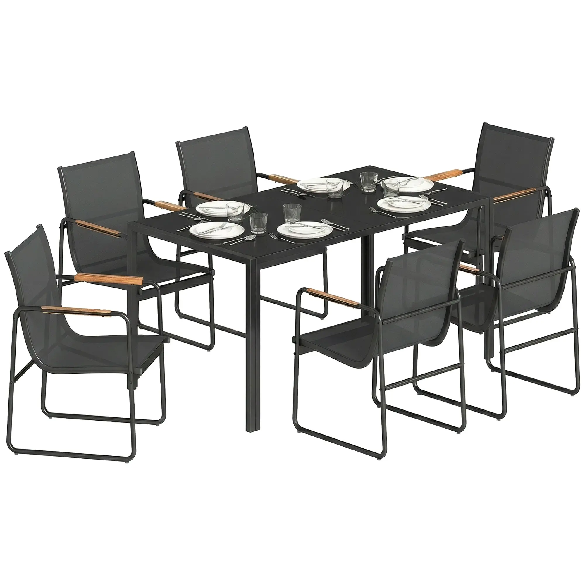 7-Piece Outdoor Dining Set — 59.1" x 31.5" Tempered Glass Table with 6 Breathable Mesh Chairs, Weather-Resistant, Black