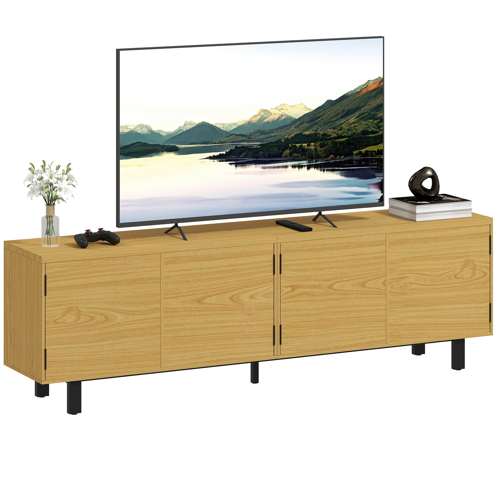 HOMCOM TV-Lowboard 180 cm – Holzoptik, passend für bis zu 82-Zoll-Fernseher, 4 Push-to-Open-Türen