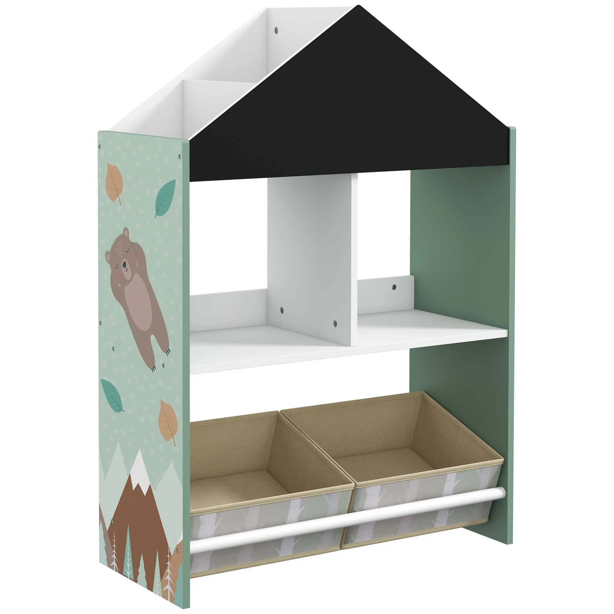 ZONEKIZ Toy Shelf Children's Organizer with Paintable Chalkboard Open Shelves and 2 Removable Non-Woven Fabric Boxes for Playroom Nursery Room 62.4x26.5x90 cm Green