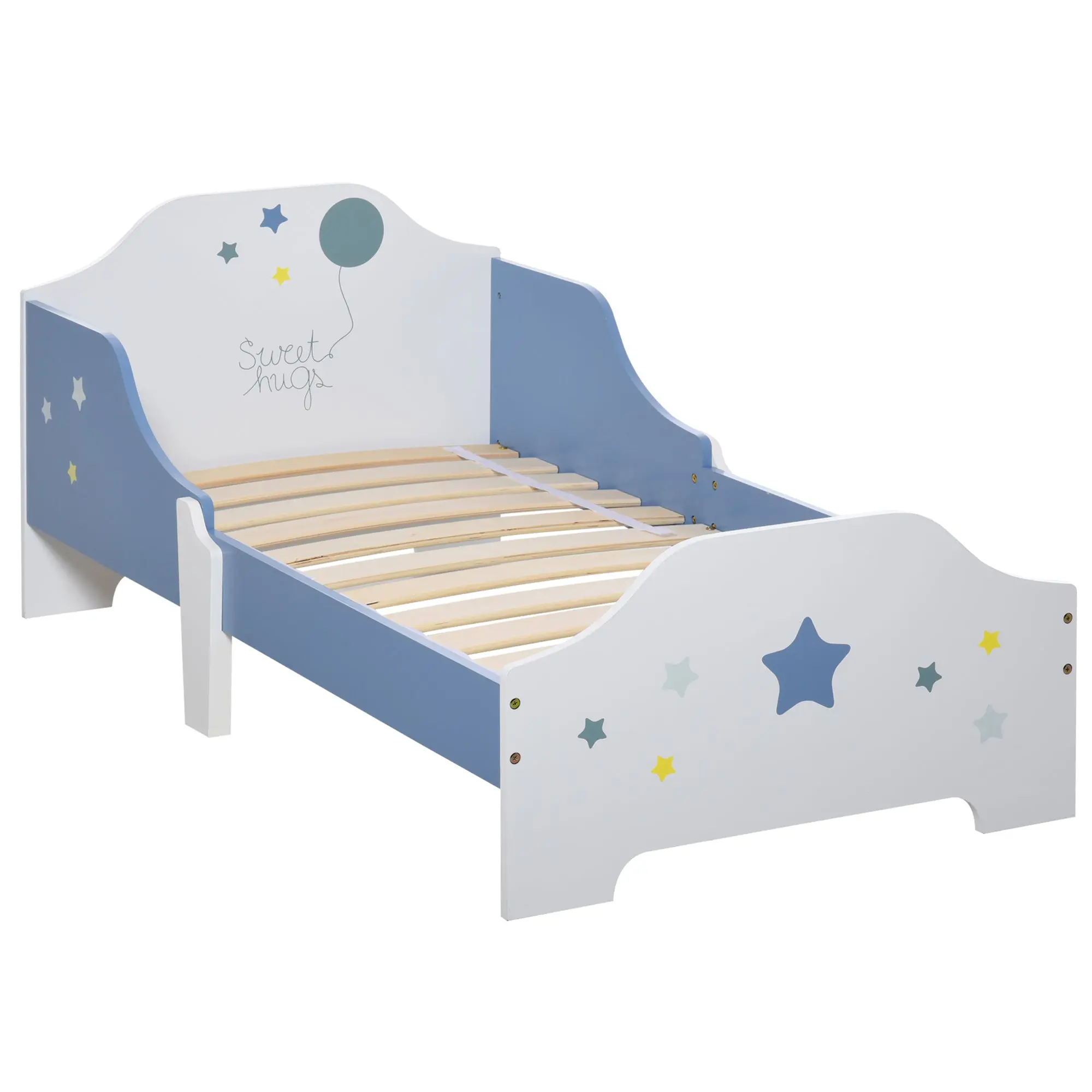 Children's Bed, Floor Bed for Children, 3 to 6 Years, 143 x 74 cm, Star Design, Slatted Bed Base Included, for a Children's Room, Blue White
