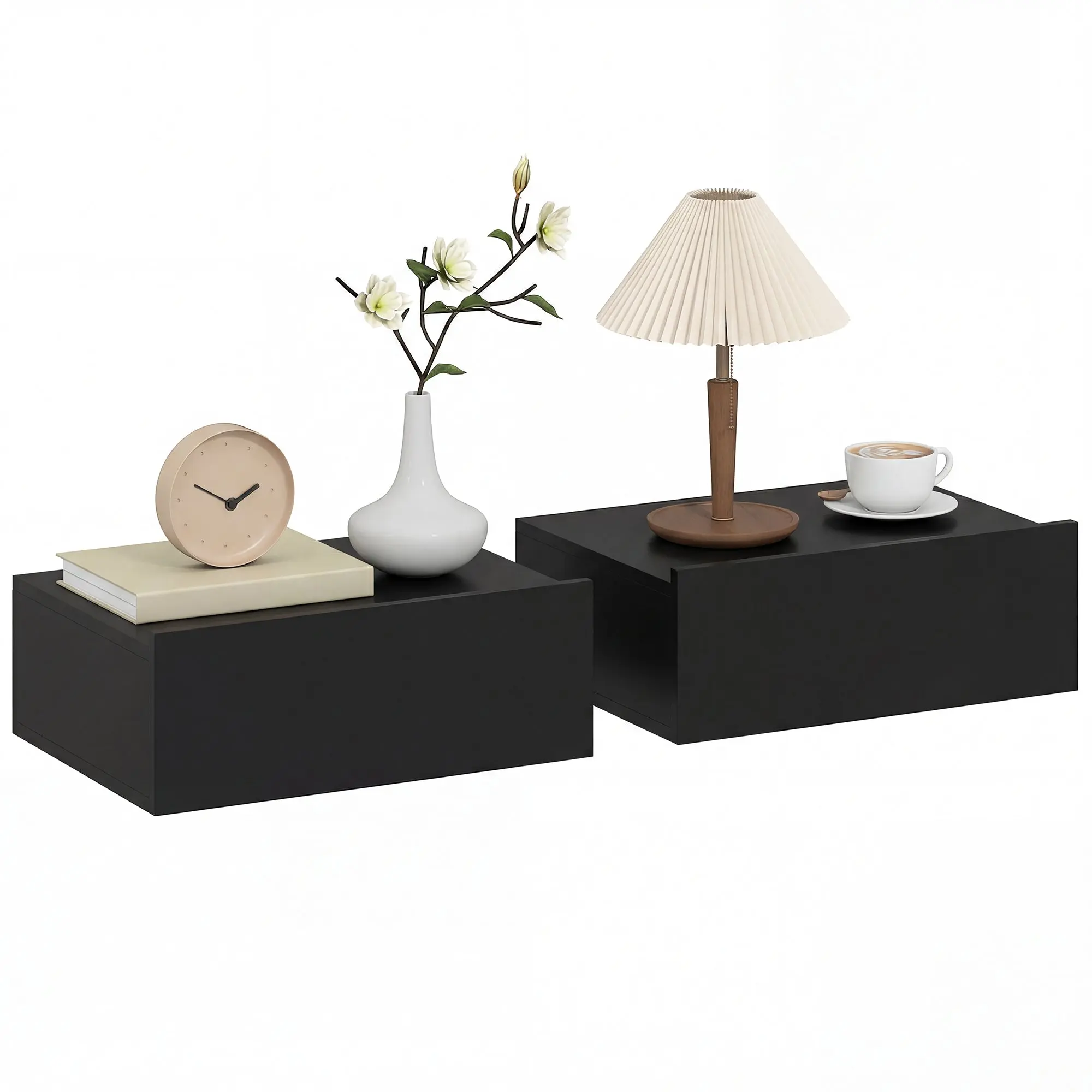 Set of 2 Wall-Mounted Floating Nightstands with Drawer, Compact Bedroom Side Tables, Black (15.7 x 11.8 x 5.9 in)