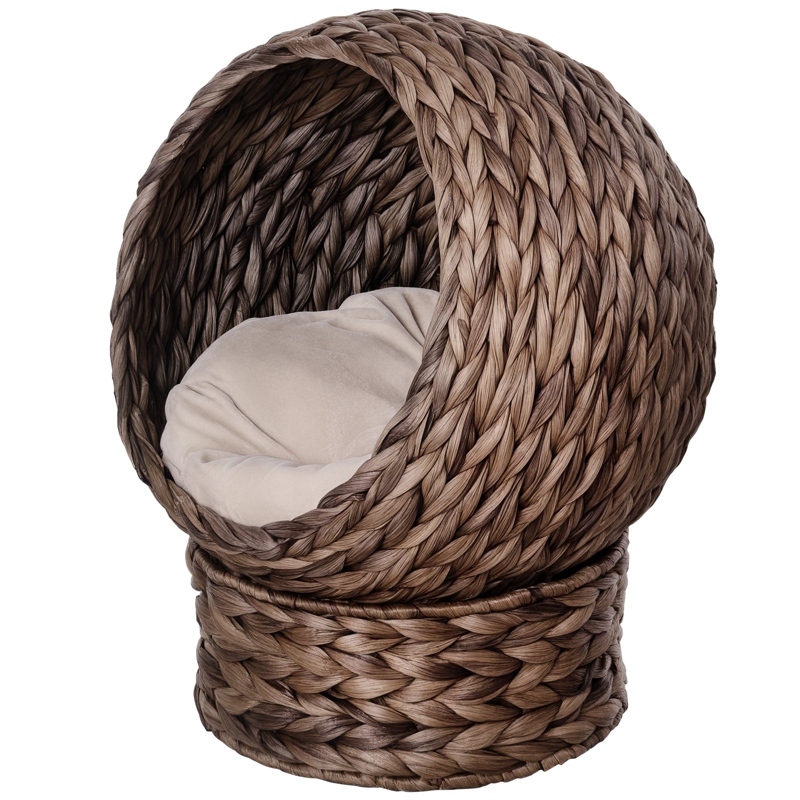 Panier en Rotin pour Chat PawHut - Tanière et Maison pour Chat avec Coussin - Lit pour Animaux en Hyacinthe d'Eau - Couleur Café 50 x 42 x 60 cm