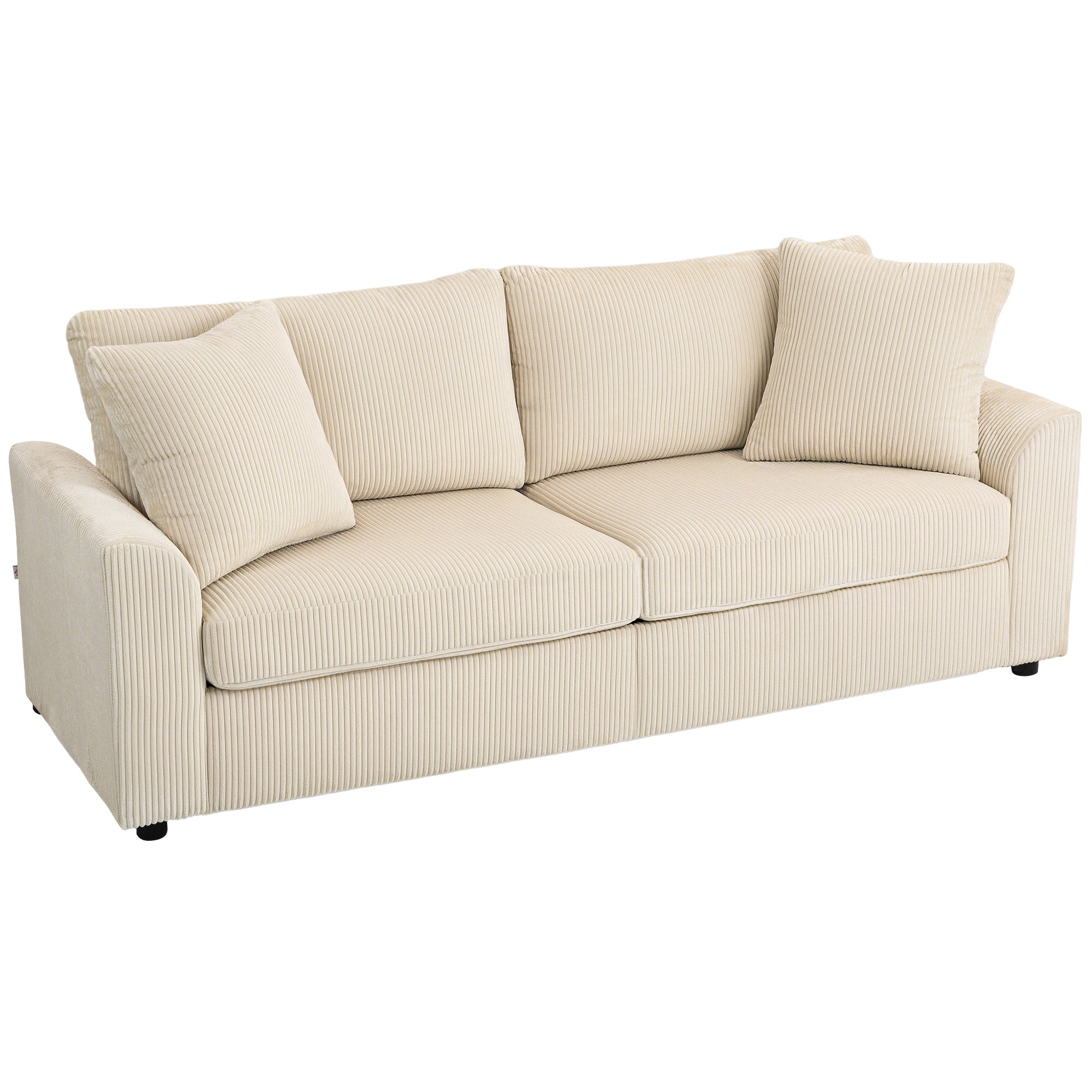 HOMCOM 3-Hengen Sohva, Käsinojilla, Tyynykset, Vanuverhoiltu Sohva Corduroy-Pinnoitteella, Paksusti Pehmustettu, Olohuoneen Sohva, Tukee jopa 450 kg, Koko: 212 x 80 x 88 cm, Kermanvalkoinen