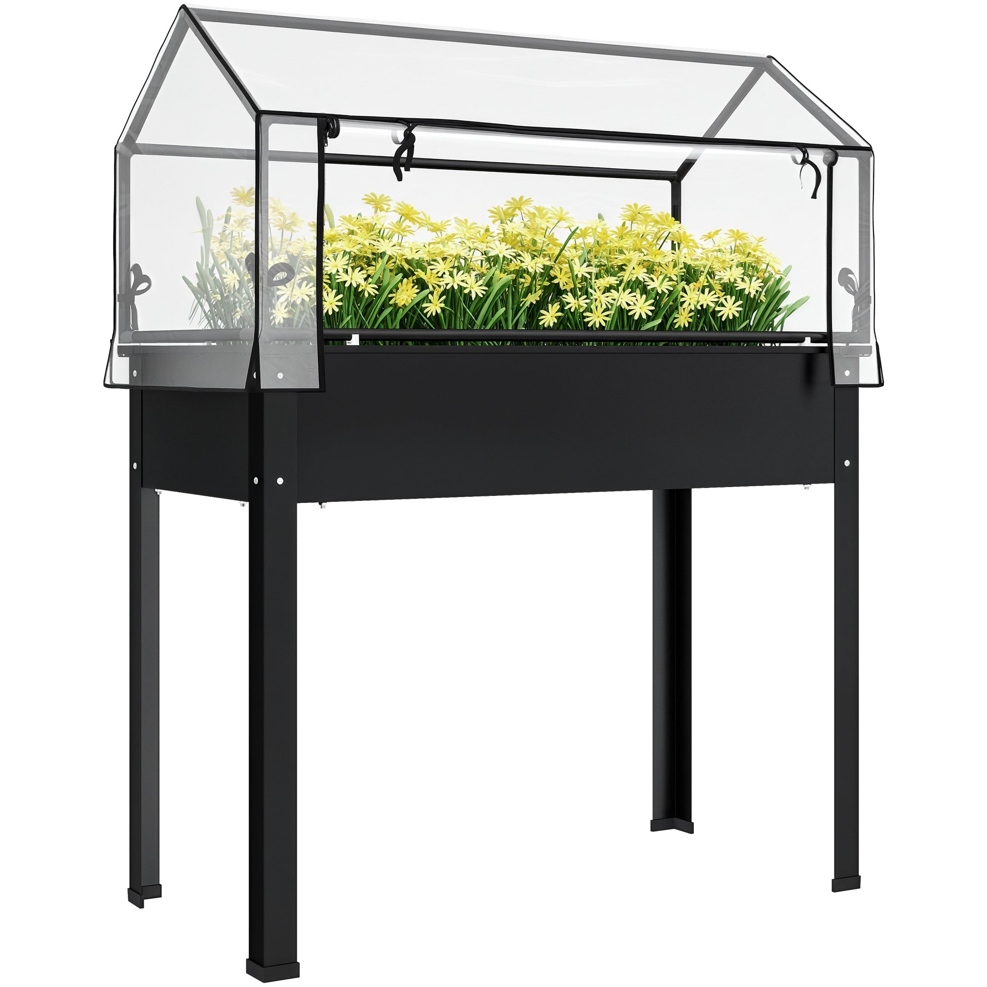 Raised Garden Bed with Cover, Elevated Herb Planter with Drainage Holes, Metal Planting Box, Weather-Resistant Vegetable Bed, Garden Bed, Planting Bed for Garden, Balcony, 100 x 48 x 124 cm, Black