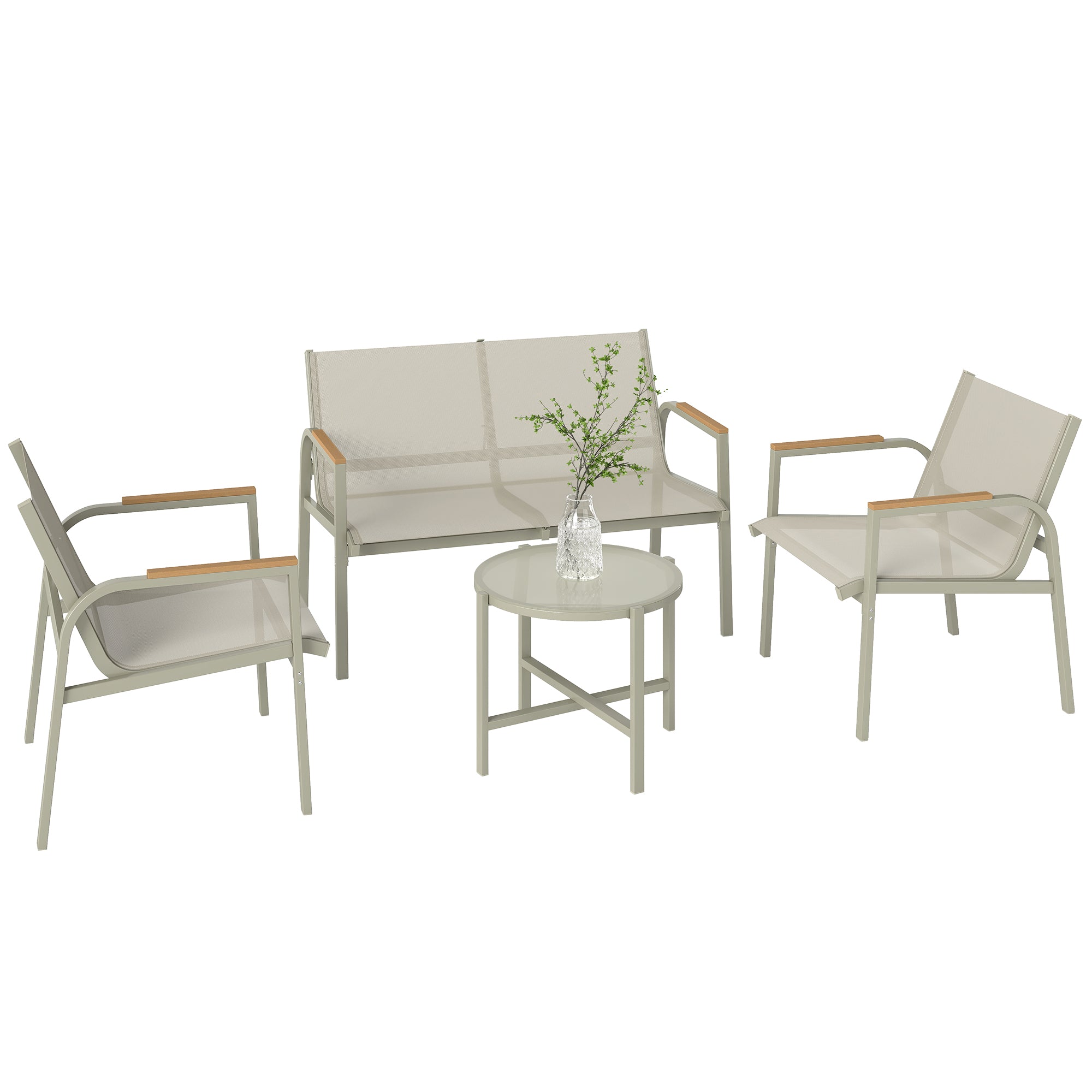 Ensemble de jardin Outsunny 4 pièces en Textilène — Canapé 2 places, 2 fauteuils et table basse en verre trempé, vert